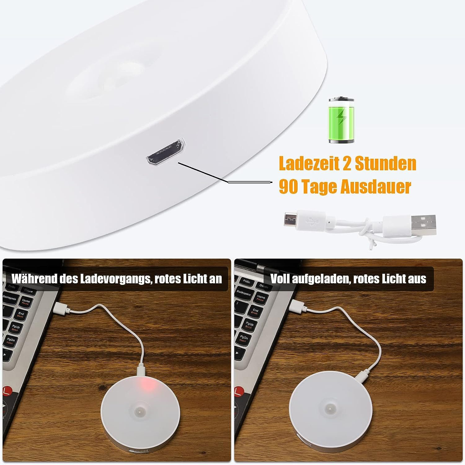 Weißes Ladegerät mit USB-Anschluss, Kabel und Ladeinformationen. Akkusymbol zeigt den Ladestatus.