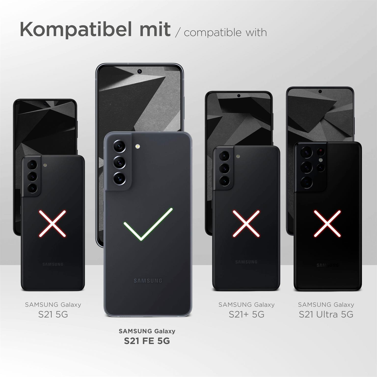 Mehrere Telefone und ein grünes Häkchen auf einem. Text: Kompatibel mit Samsung Galaxy S21 FE 5G.