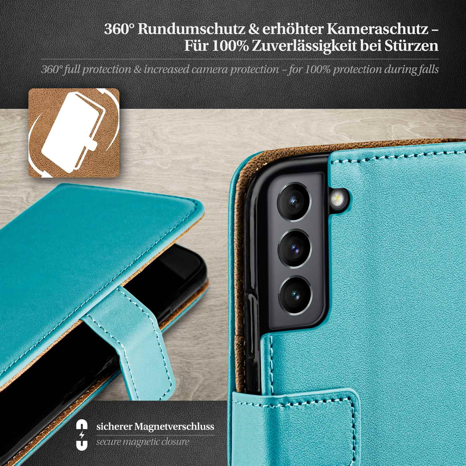 Türkisfarbene Handyhülle mit Telefon. Schwarzes Telefon. Blauer Hintergrund und sicherer Magnetverschluss.