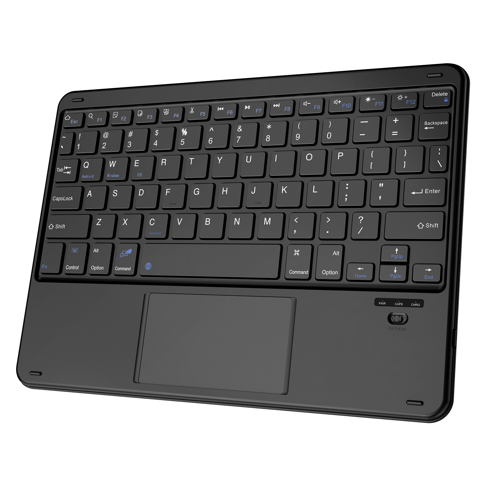 Un teclado negro con un panel táctil. Tiene varias teclas con letras, números y símbolos.