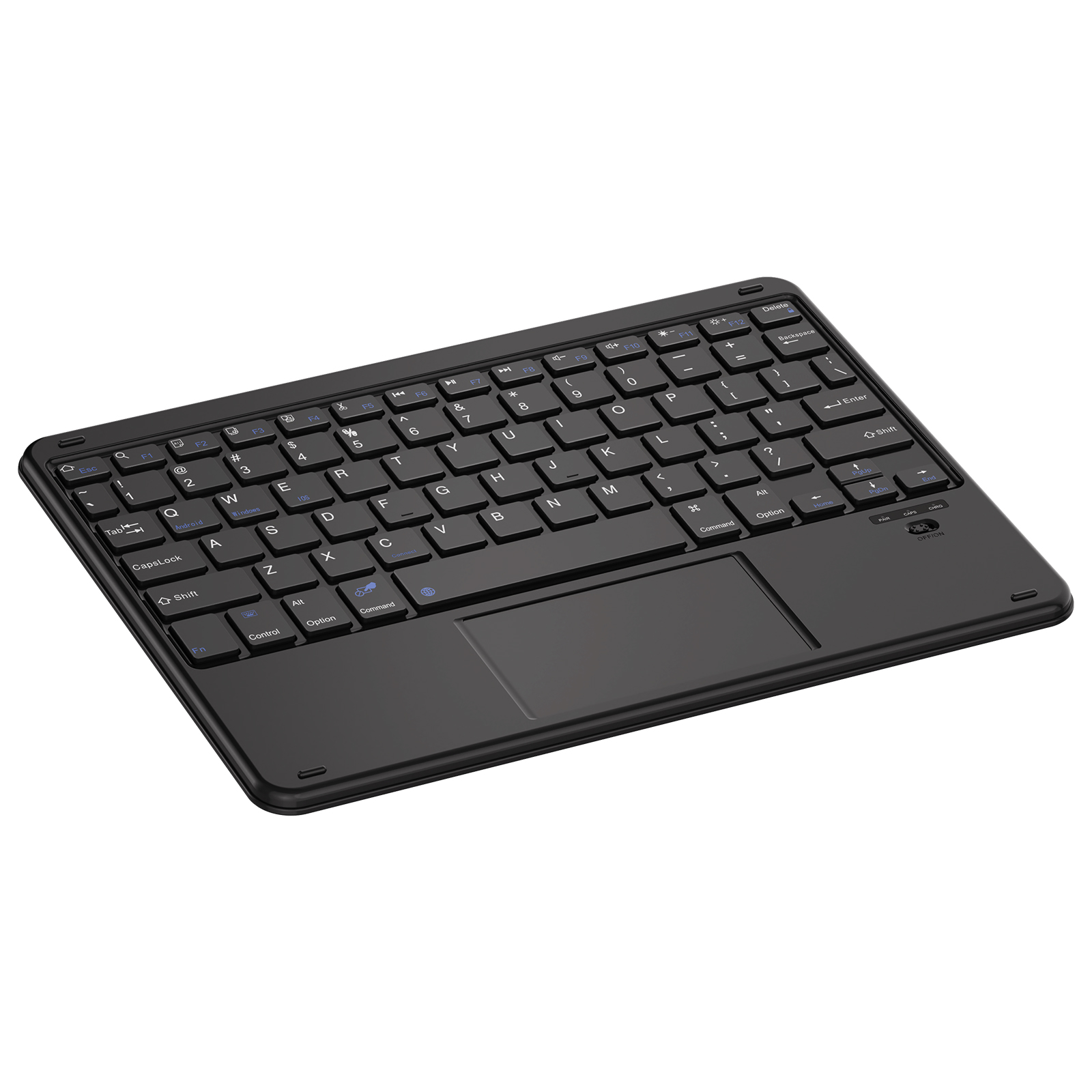 Un teclado negro con un panel táctil. Tiene varias teclas con letras, números y símbolos.