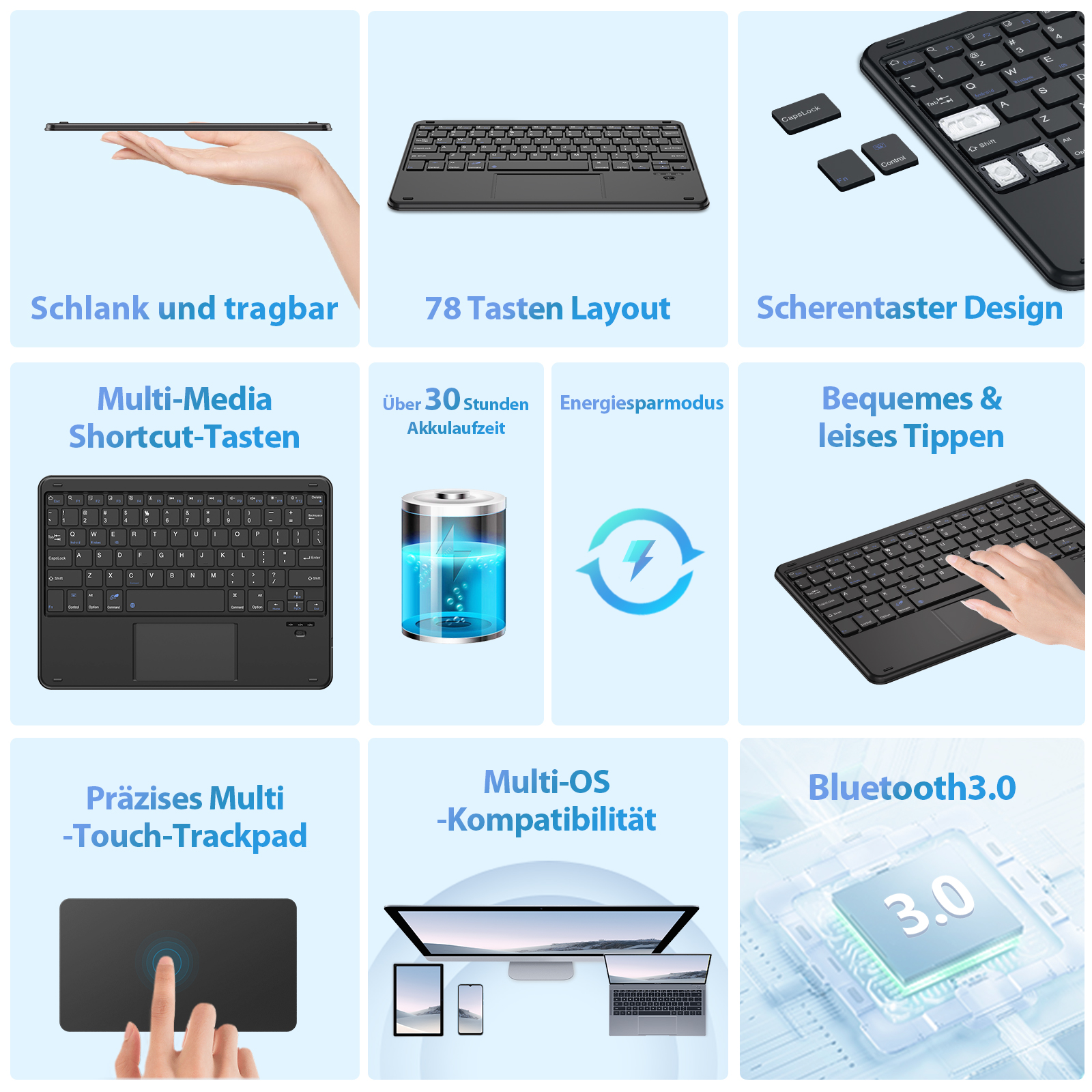 Dünne Tastatur mit 78 Tasten, Scherentaster-Design und Touchpad.