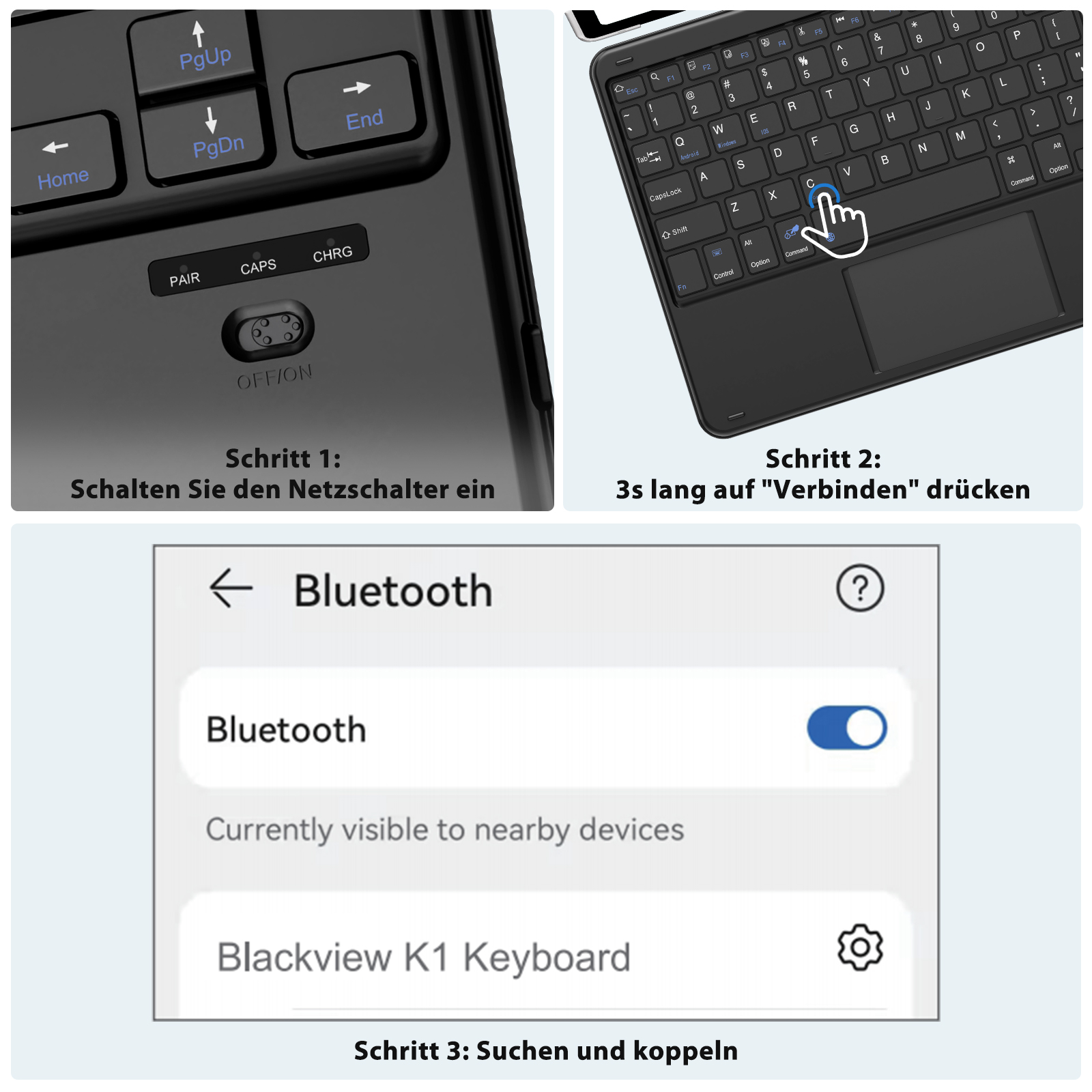 Schritt 1: Netzschalter einschalten, Schritt 2: 'Verbinden' drücken, Schritt 3: Bluetooth koppeln.