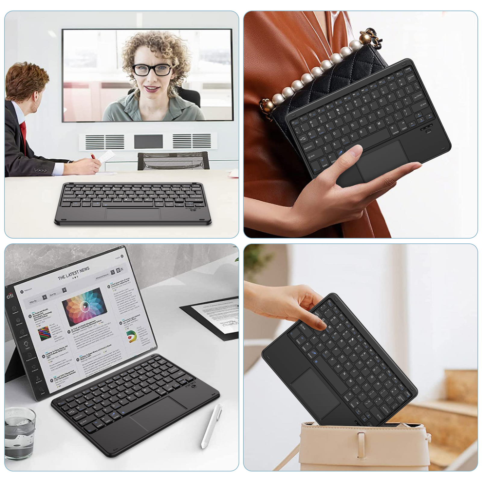 Múltiples imágenes que muestran un teclado negro con un panel táctil en diferentes entornos y usos.