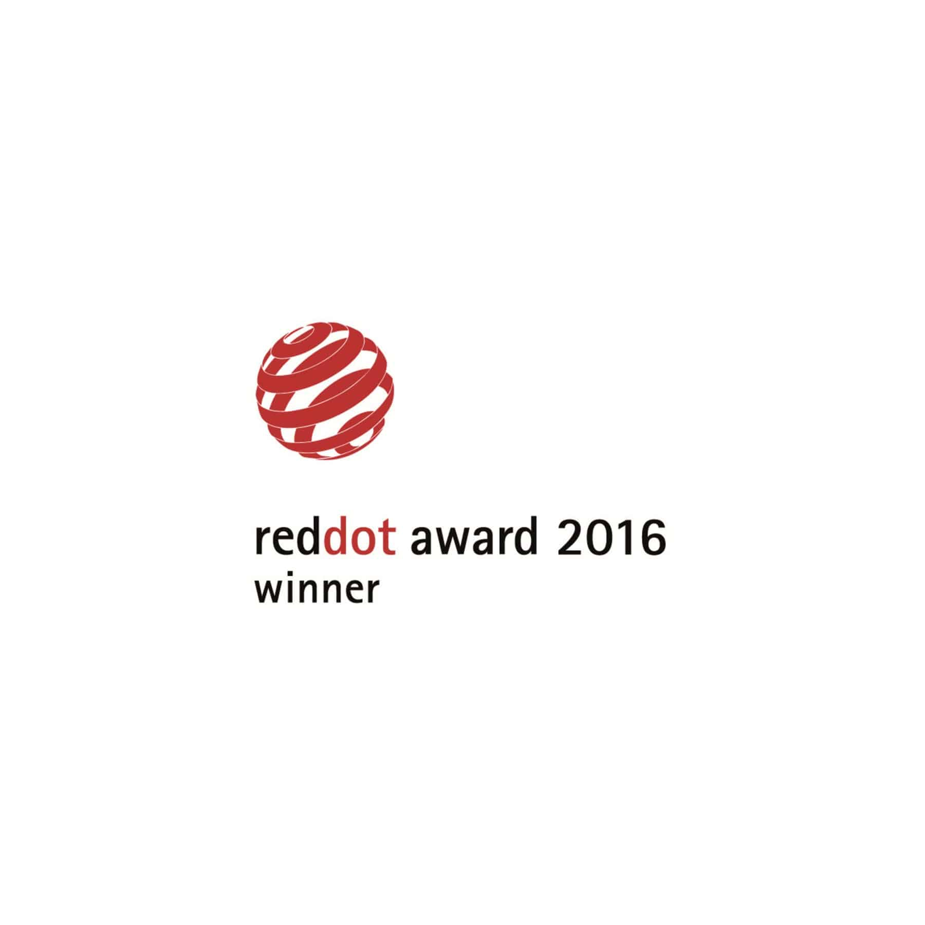Logo zwycięzcy Red Dot Award 2016, czerwona kula z białymi liniami.