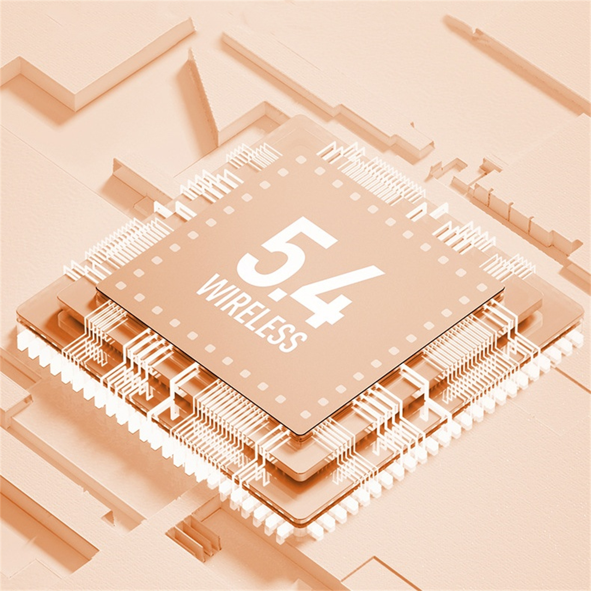 Nahaufnahme eines Computerchips mit orangefarbenen Akzenten und der Zahl 5.4 Wireless.