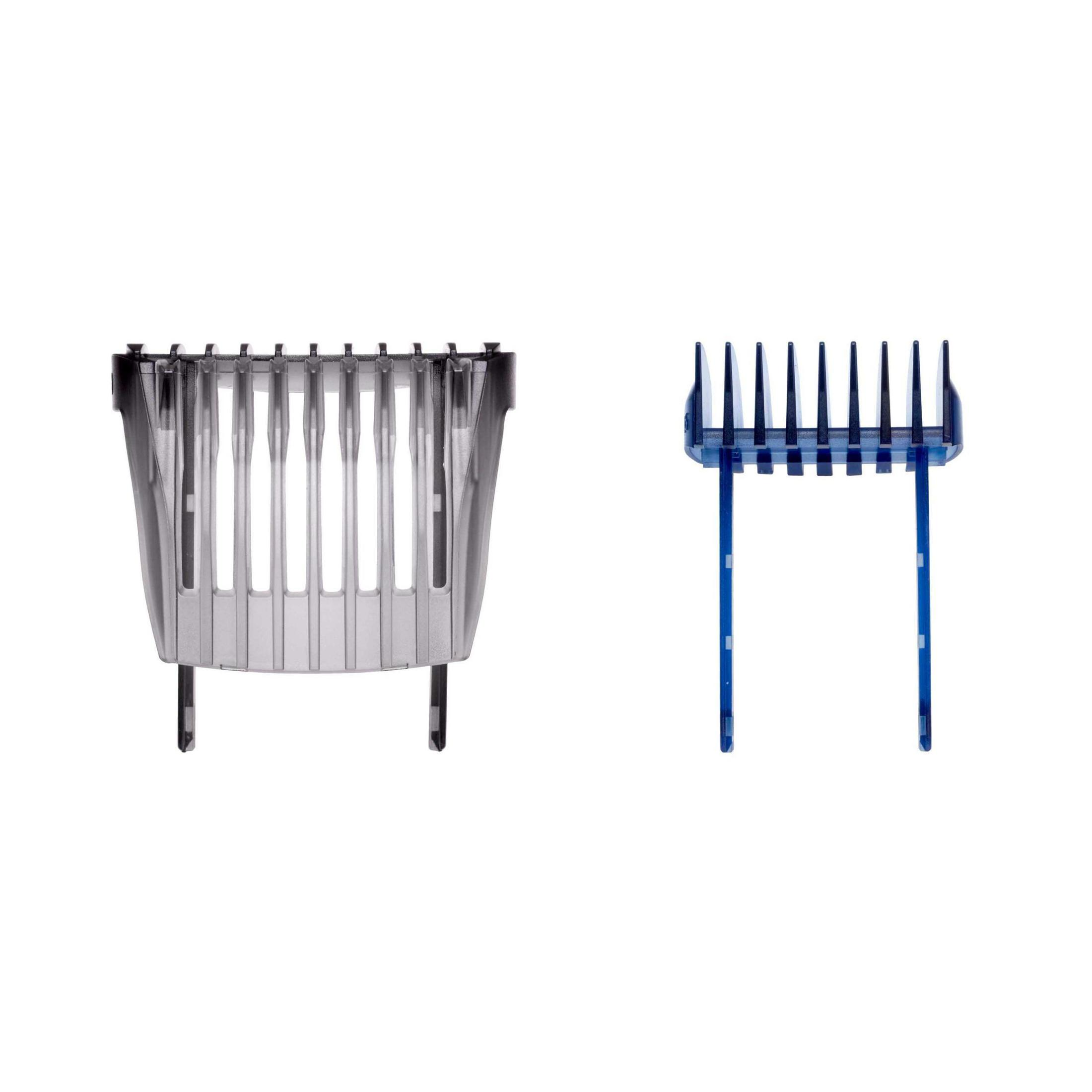 Dos accesorios de recortadora de barba, uno transparente, otro azul, sobre fondo blanco.