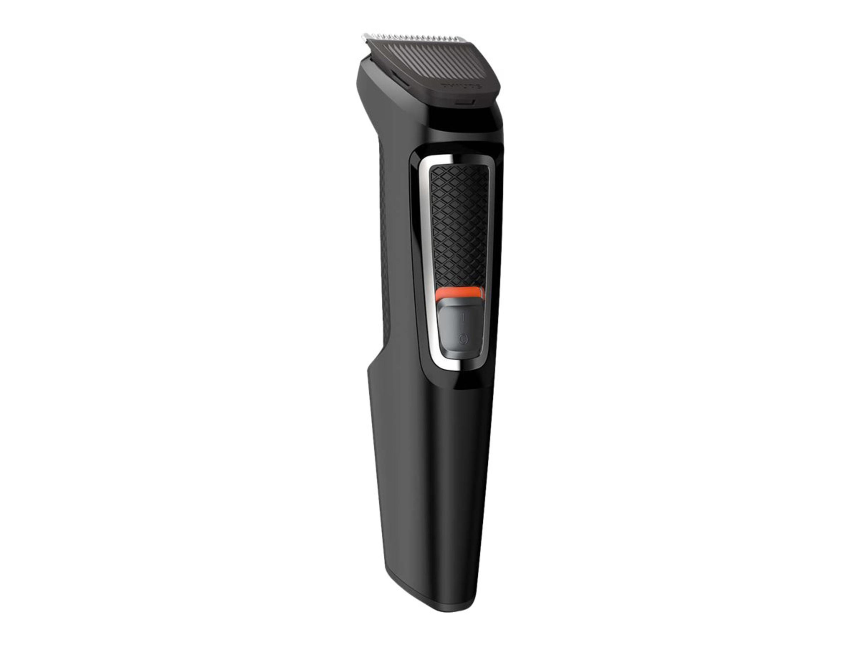 Recortadora Philips negra con un acento plateado y un botón naranja.