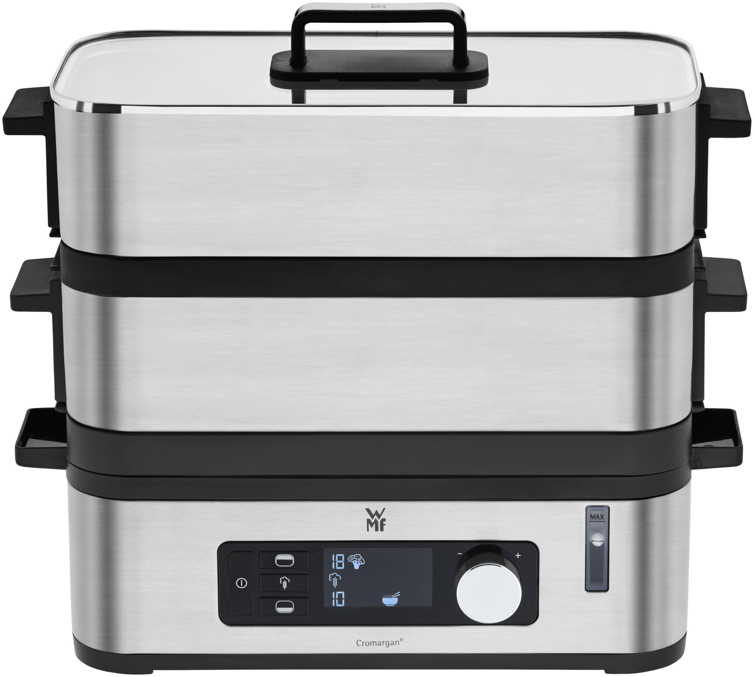 Cuiseur vapeur en acier inoxydable avec trois niveaux et affichage numérique.