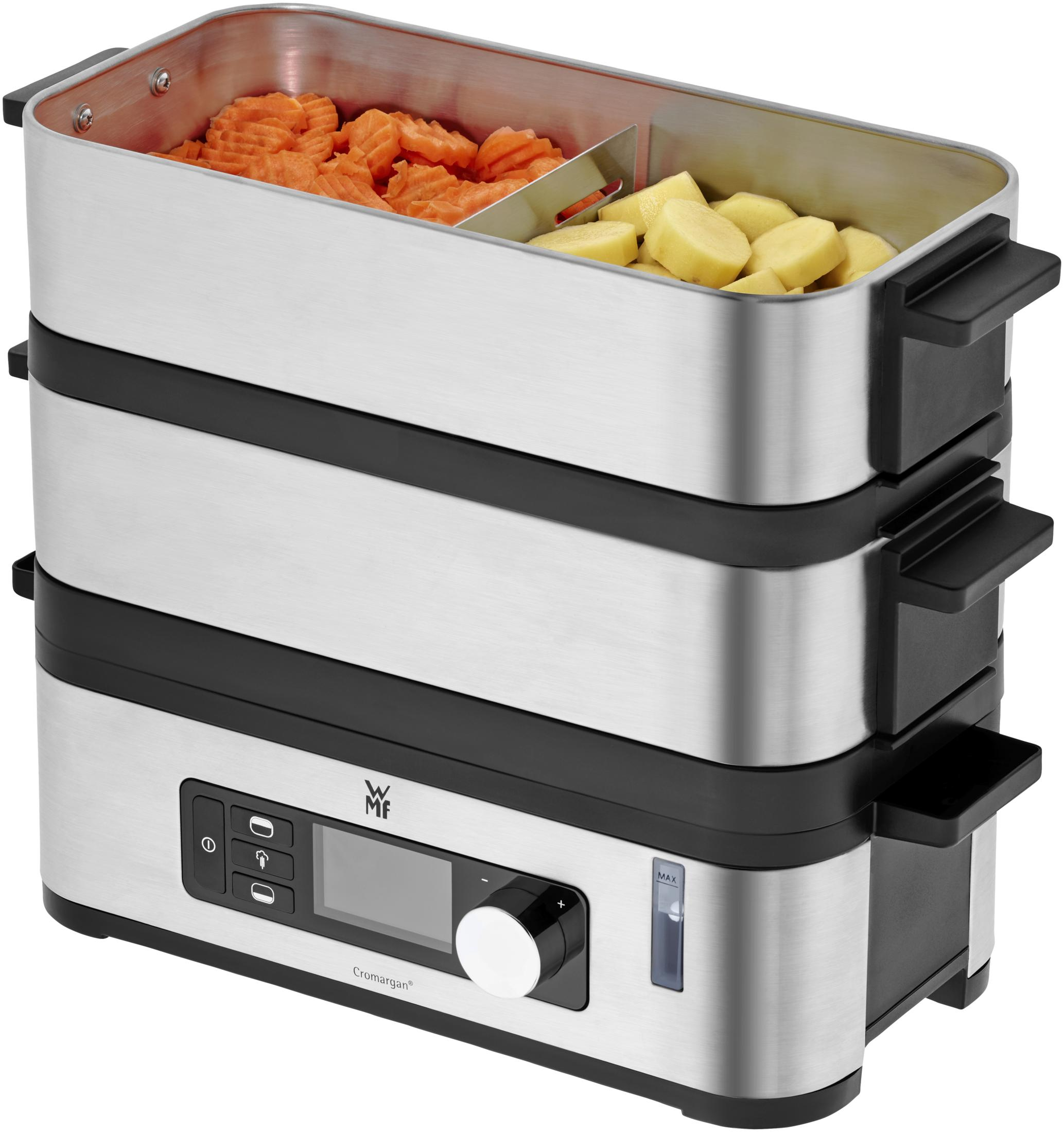 Un cuiseur vapeur en acier inoxydable à trois niveaux avec des légumes à l'intérieur. Des accents noirs et argentés sont visibles.