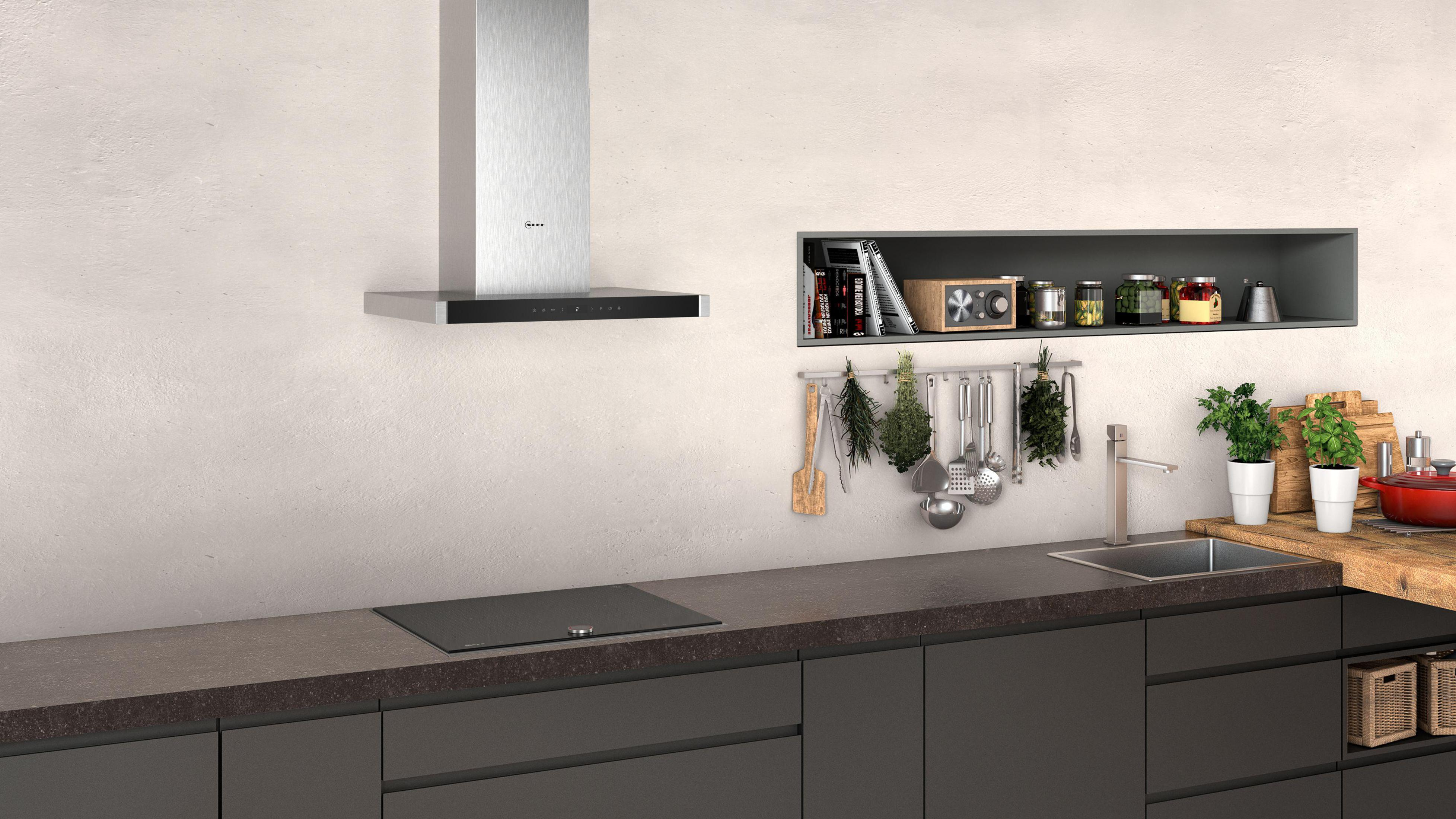 Moderne Küche mit Edelstahl-Dunstabzugshaube, Arbeitsplatte und Regal mit Gläsern und Pflanzen.