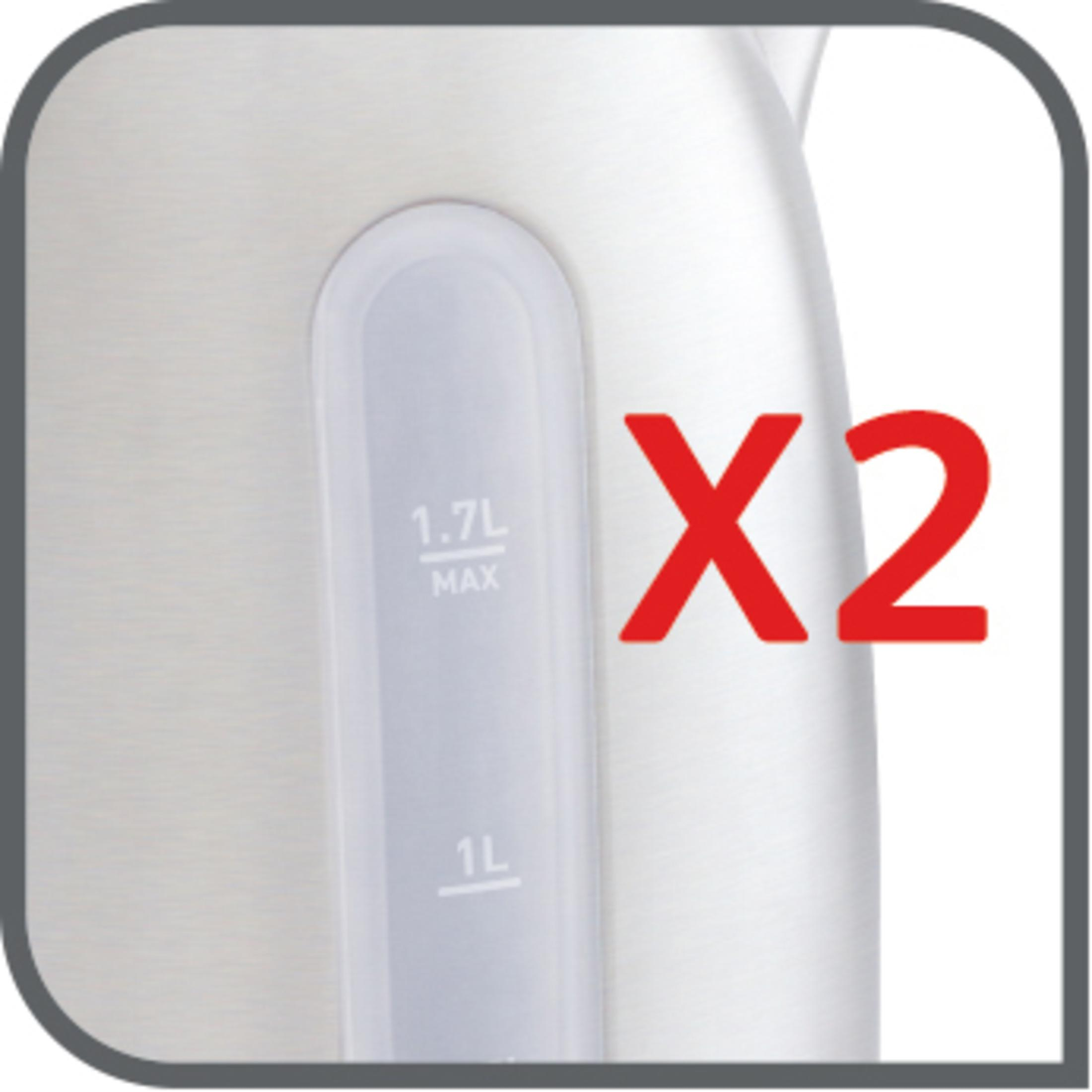 Bollitore elettrico bianco con finestra trasparente del livello dell'acqua ed etichetta rossa X2.
