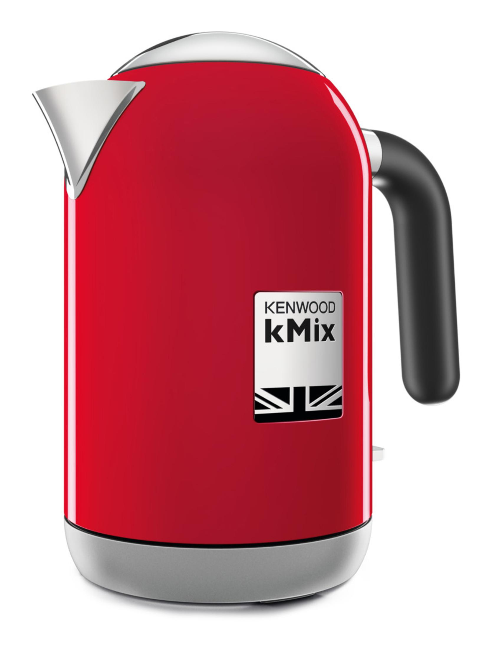 Czerwony czajnik Kenwood ze srebrnym dziobkiem i czarnym uchwytem, białe tło.