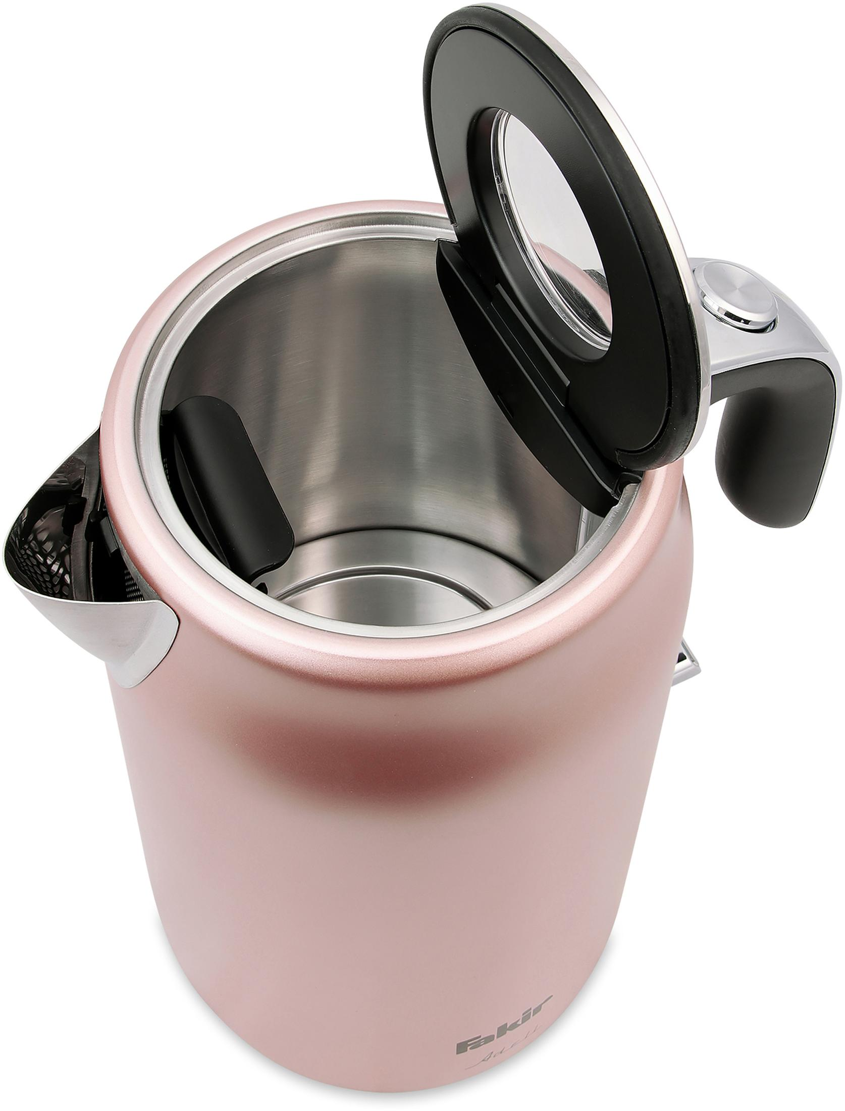 İçini gösteren, kapağı açık pembe bir su ısıtıcısı. Gümüş renkli sap ve siyah kapak.