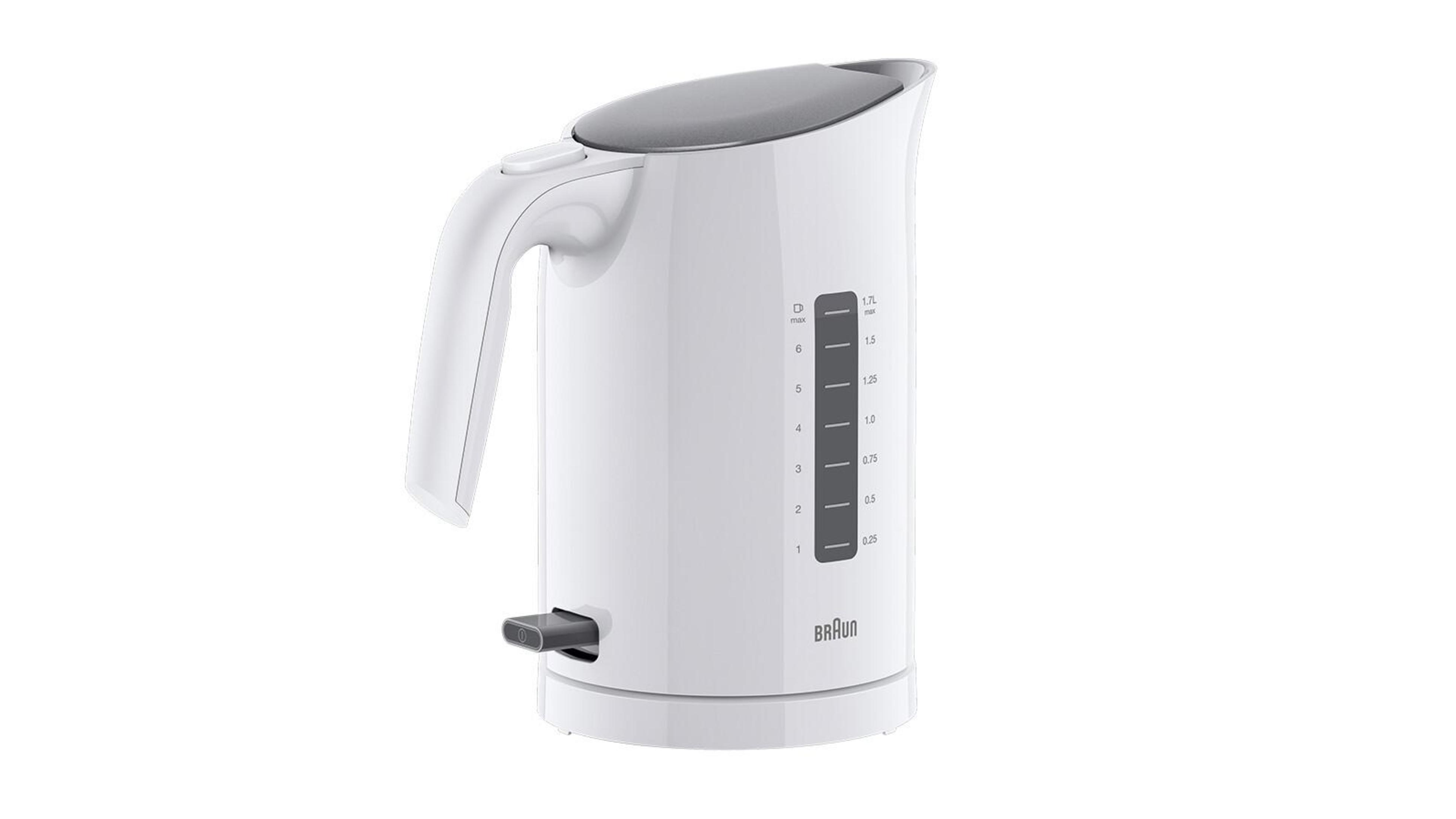 Biały czajnik elektryczny z szarą pokrywą na białym tle.