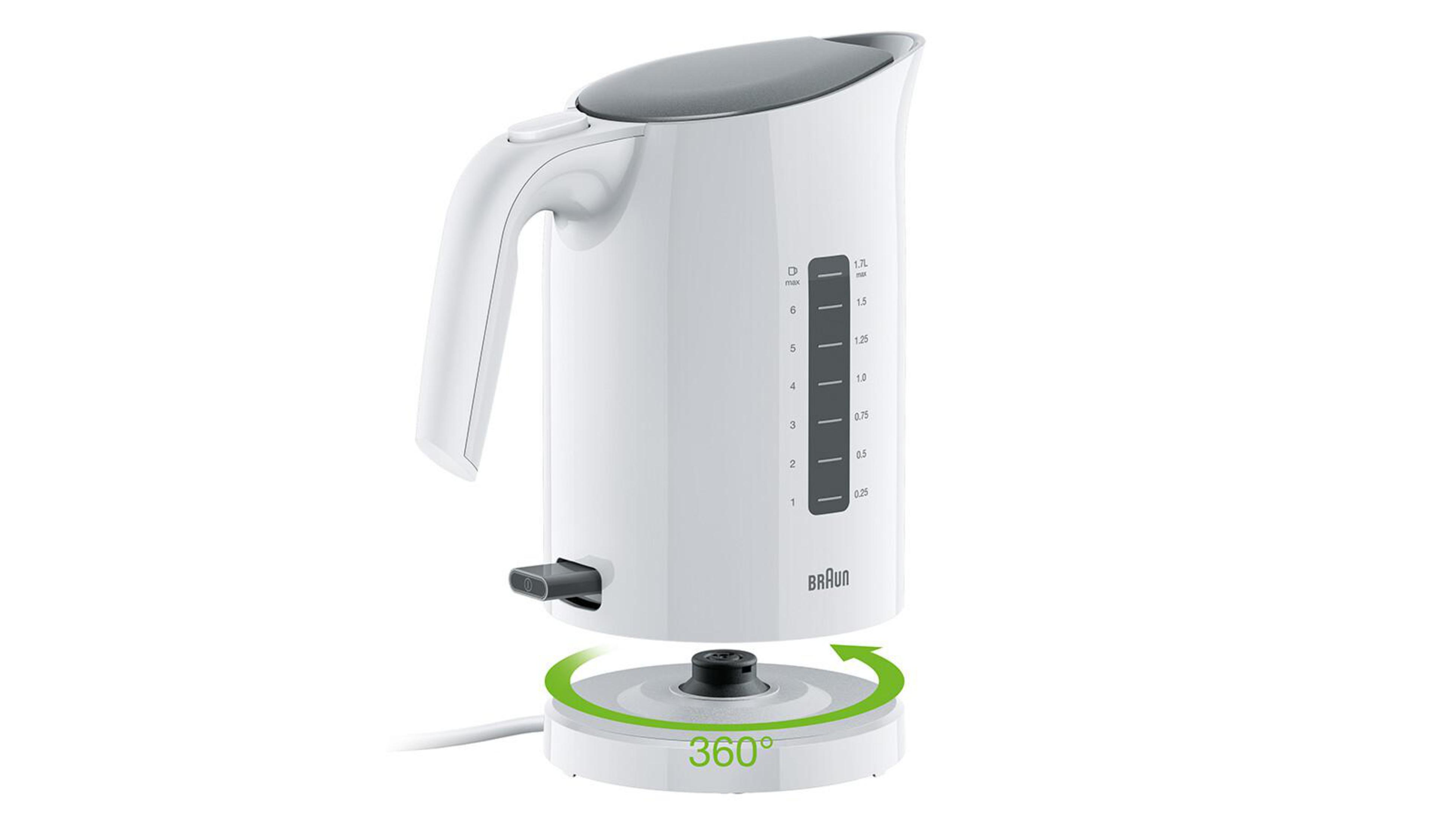 Biały czajnik z szarą pokrywką na białej podstawie, podstawa ze strzałką obrotową.