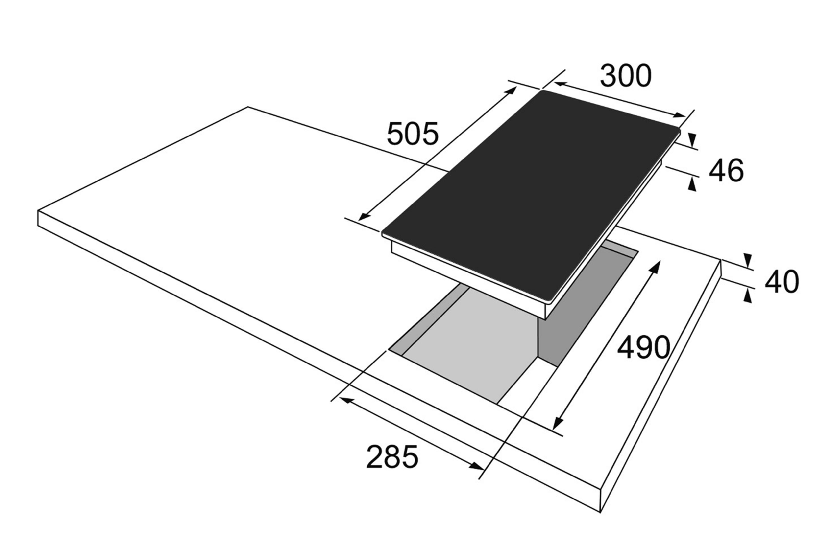 Schemat czarnej płyty kuchennej z wymiarami i wycięciem na piekarnik.