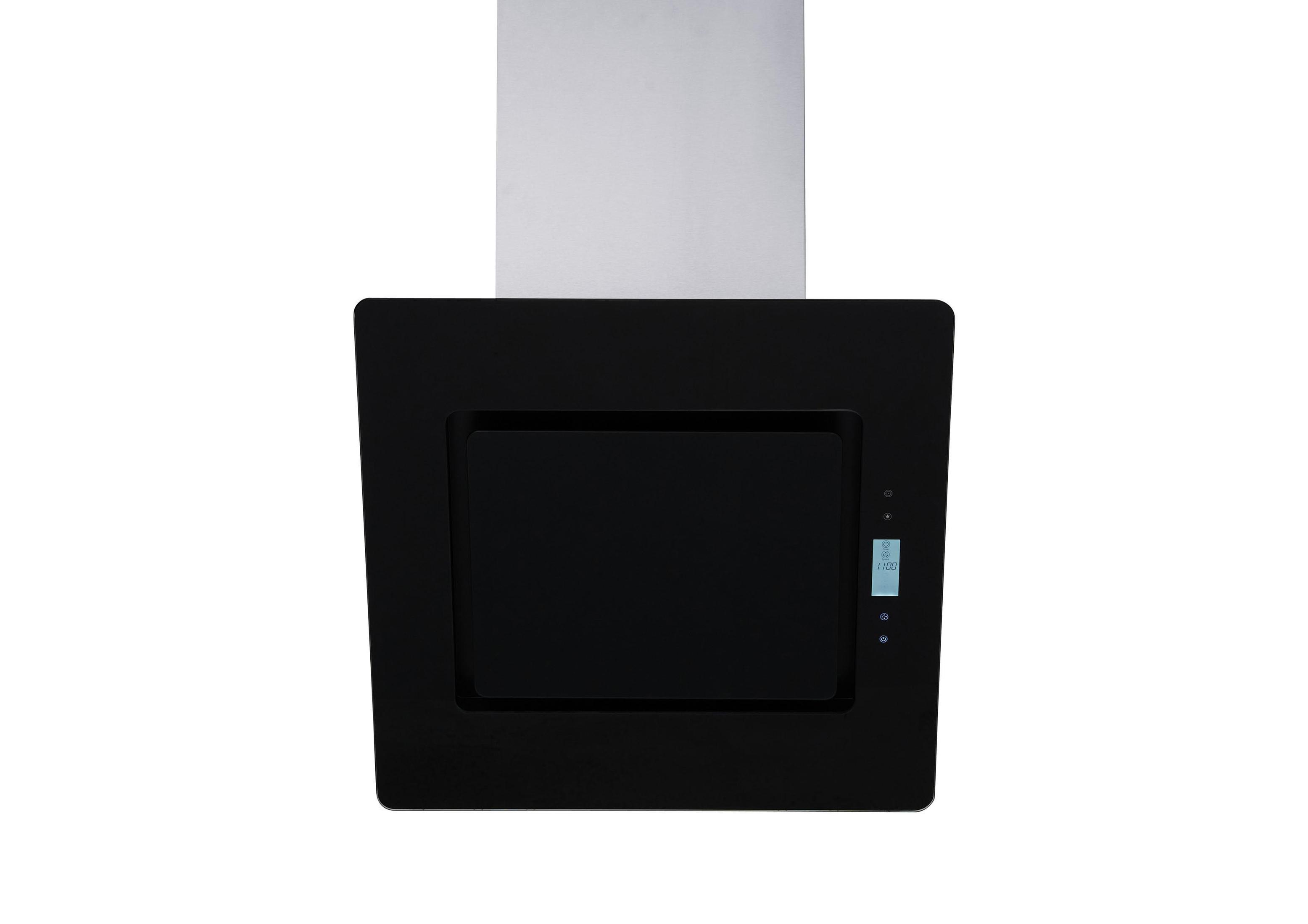 Cappa da cucina nera con pannello in vetro. Camino argentato e display digitale.