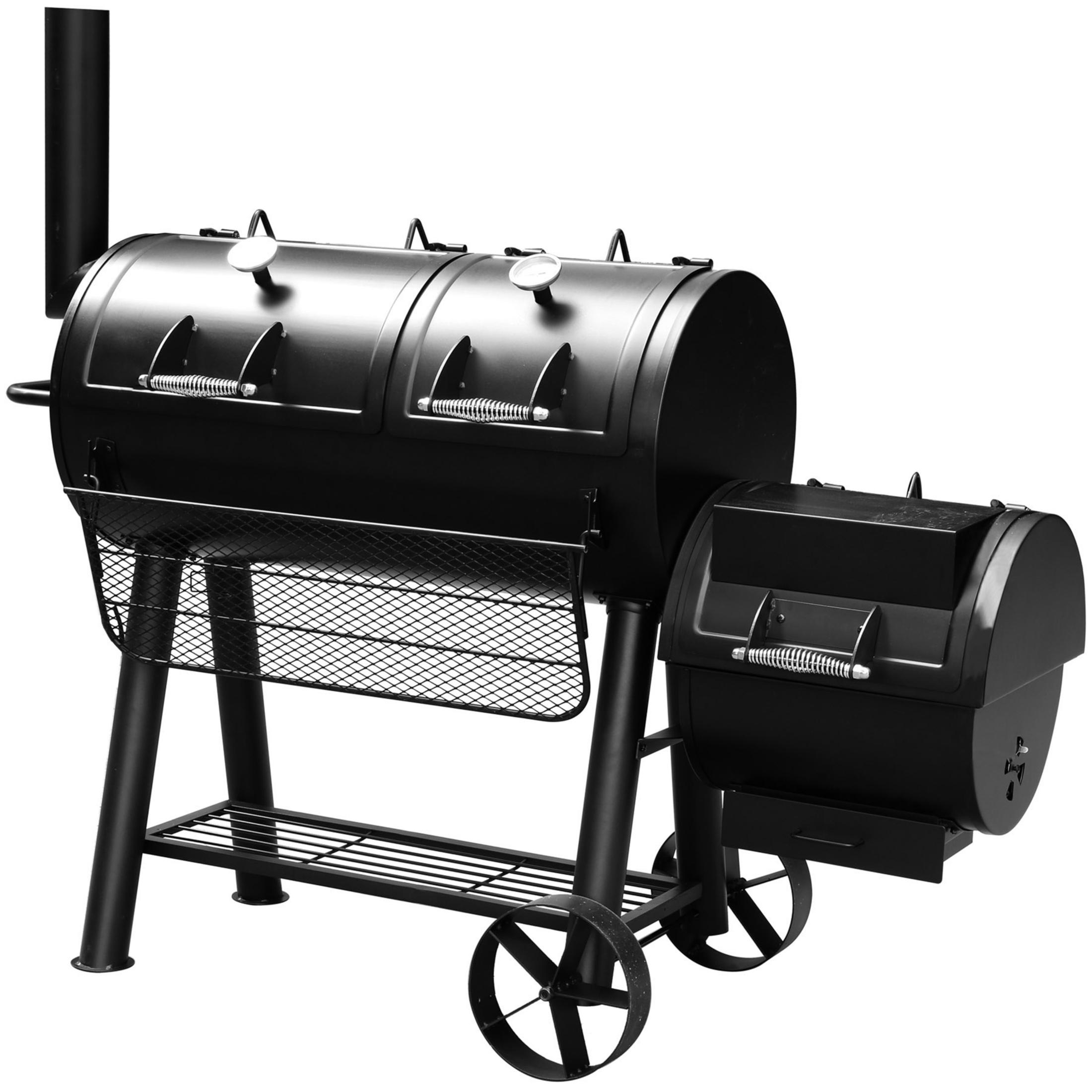 Ein schwarzer Smokergrill mit Schornstein, zwei Deckeln und einer seitlichen Feuerbox.