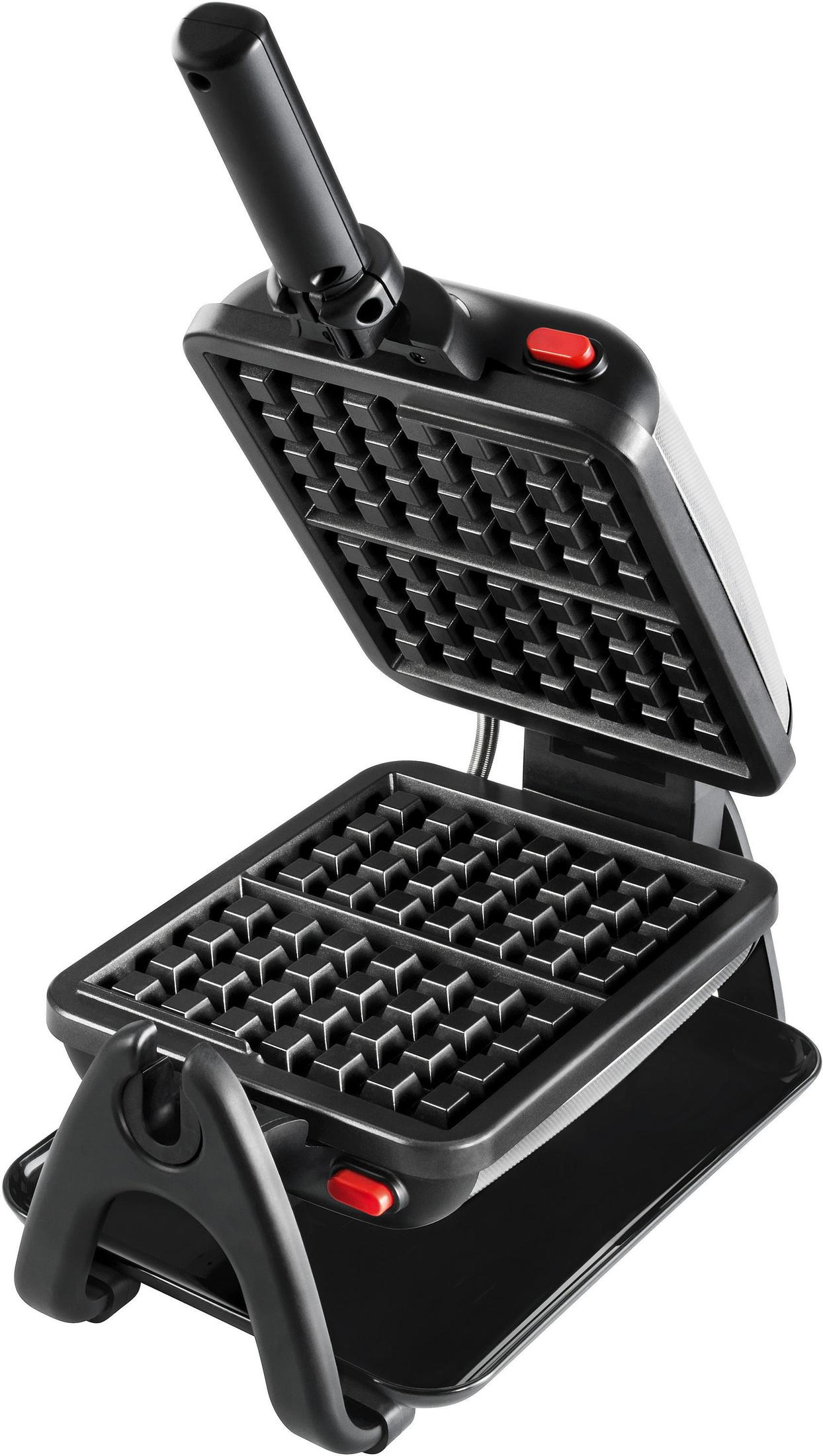 Czarny gofrownica otwarta, pokazująca powierzchnie do gotowania. Widoczne czerwone przyciski.