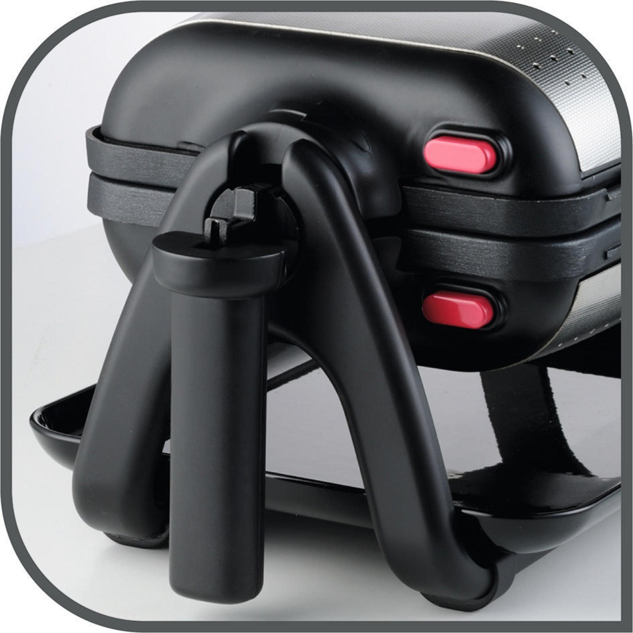 Czarny gofrownica z czerwonymi przyciskami i czarnym uchwytem.