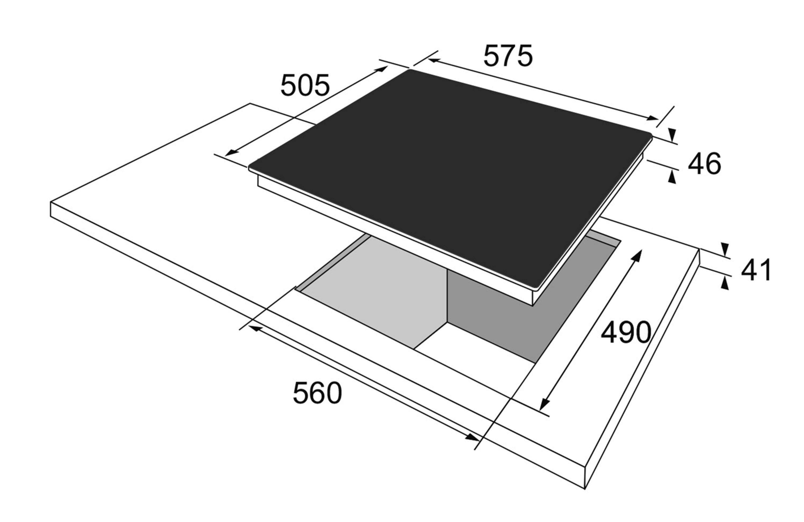 Widok z góry na czarną płytę grzewczą z wymiarami.