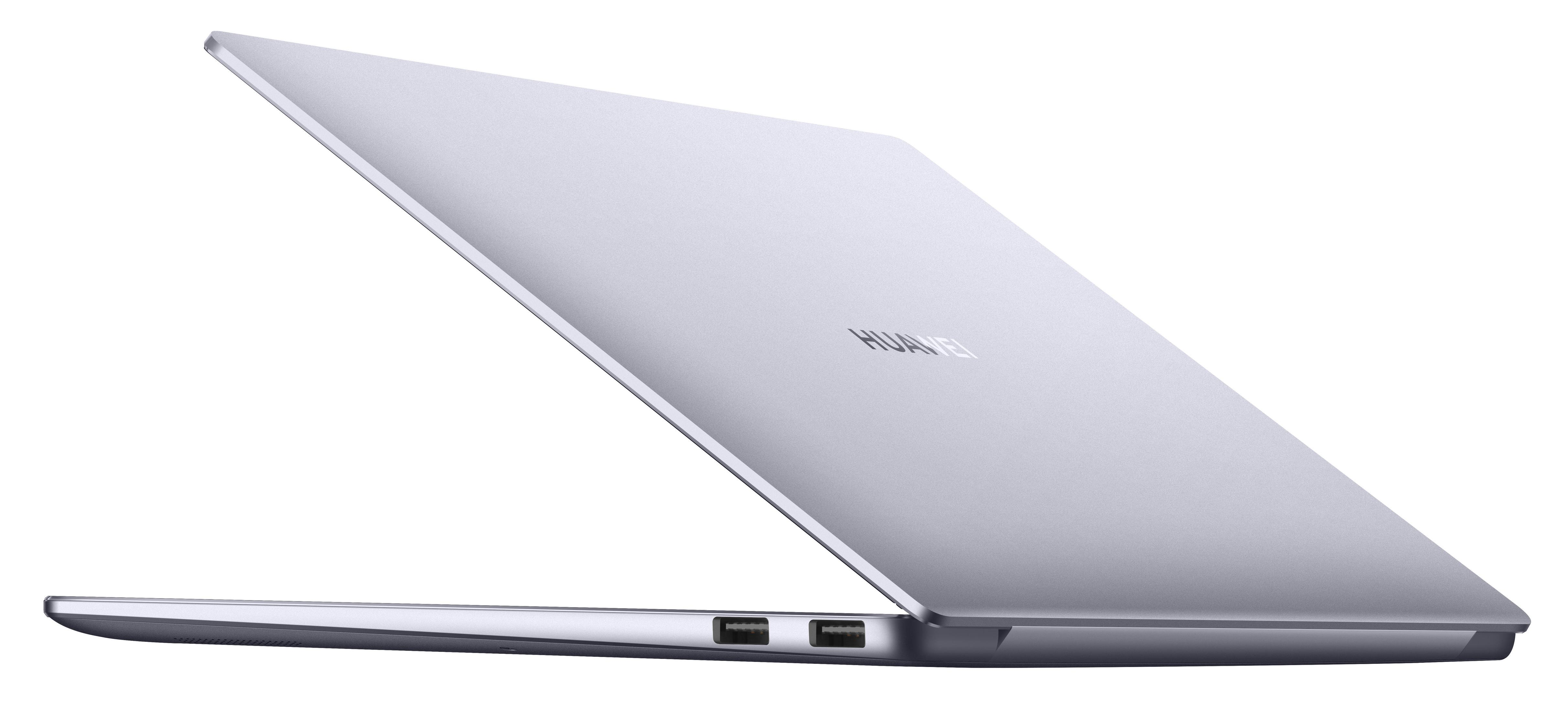 Silberner Laptop vor weißem Hintergrund, von hinten betrachtet.