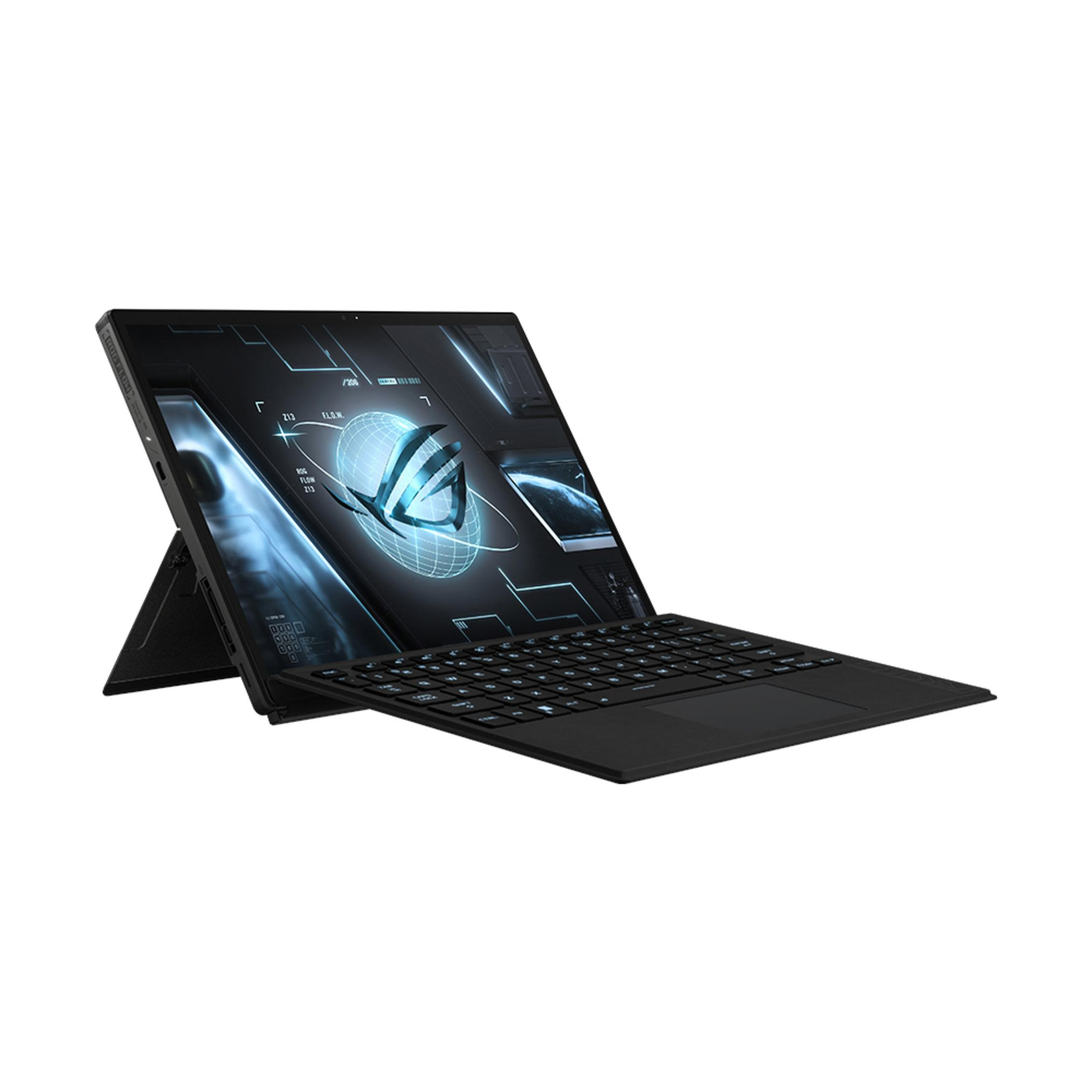 Schwarzer Laptop auf weißem Grund, teilweise geöffnet. Der Bildschirm zeigt ein Logo.