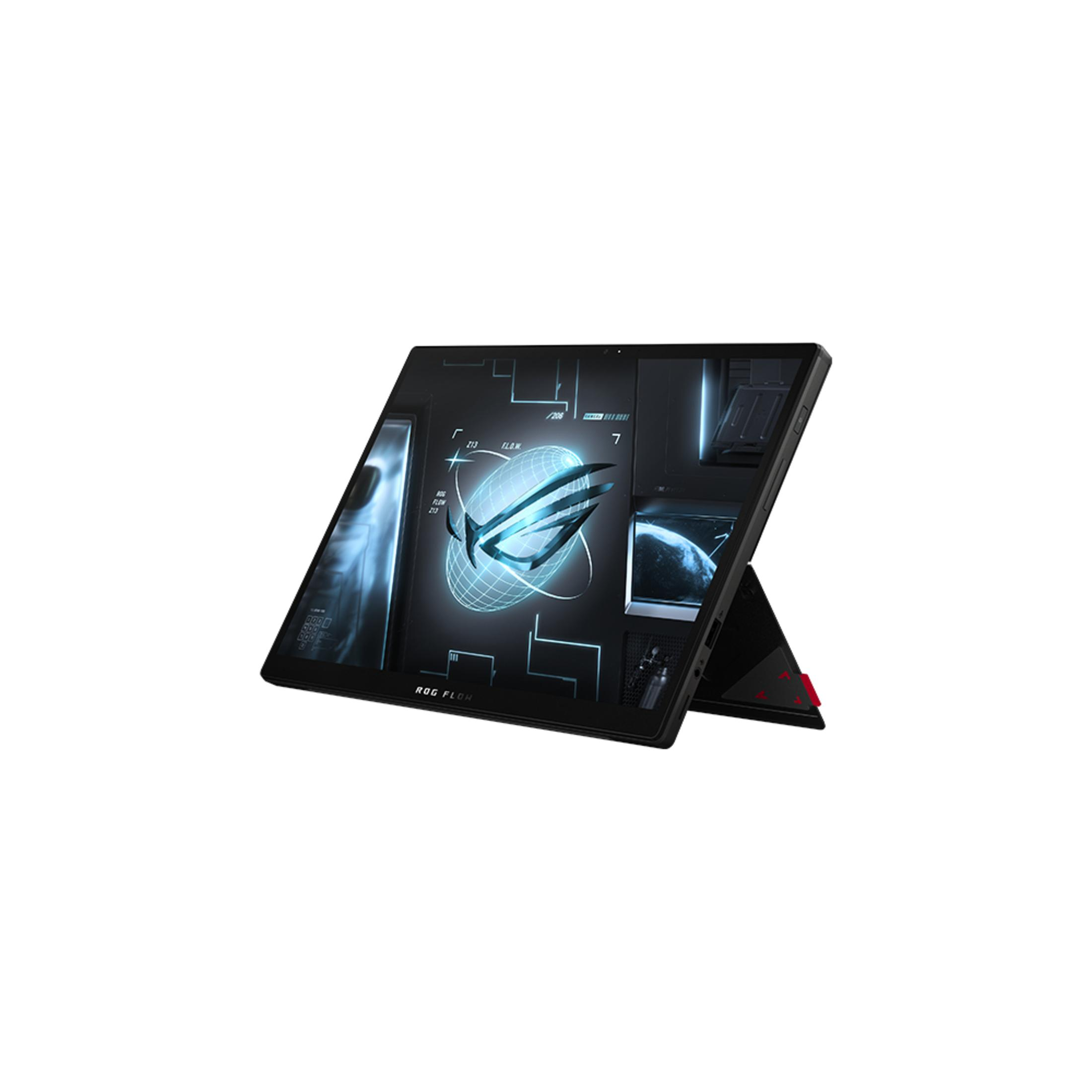 Ein Laptop auf einer weißen Oberfläche mit Ständer und einem Bildschirm, auf dem das ROG FLOW-Logo angezeigt wird.