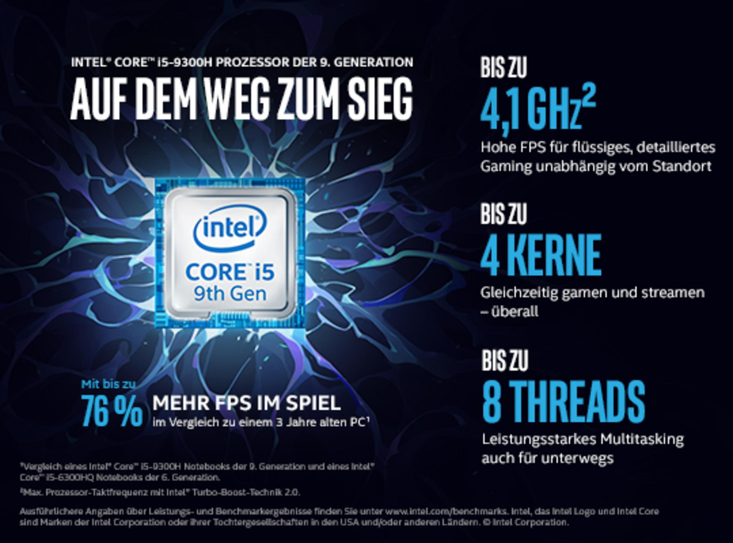 Intel Prozessor Infografik, weißer Hintergrund. Text: Intel Core i5, 9. Gen, bis zu 4,1 GHz, bis zu 4 Kerne.