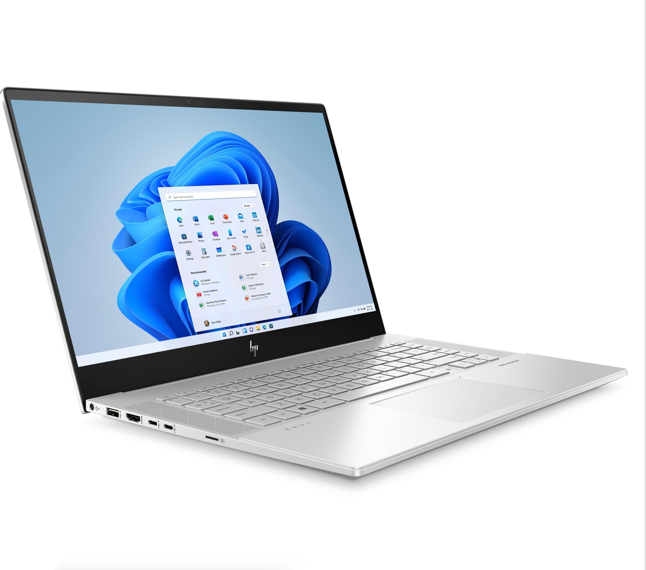 Silberner Laptop offen, Windows 11-Oberfläche. Weißer Hintergrund. Seitenansicht, Tastatur sichtbar.
