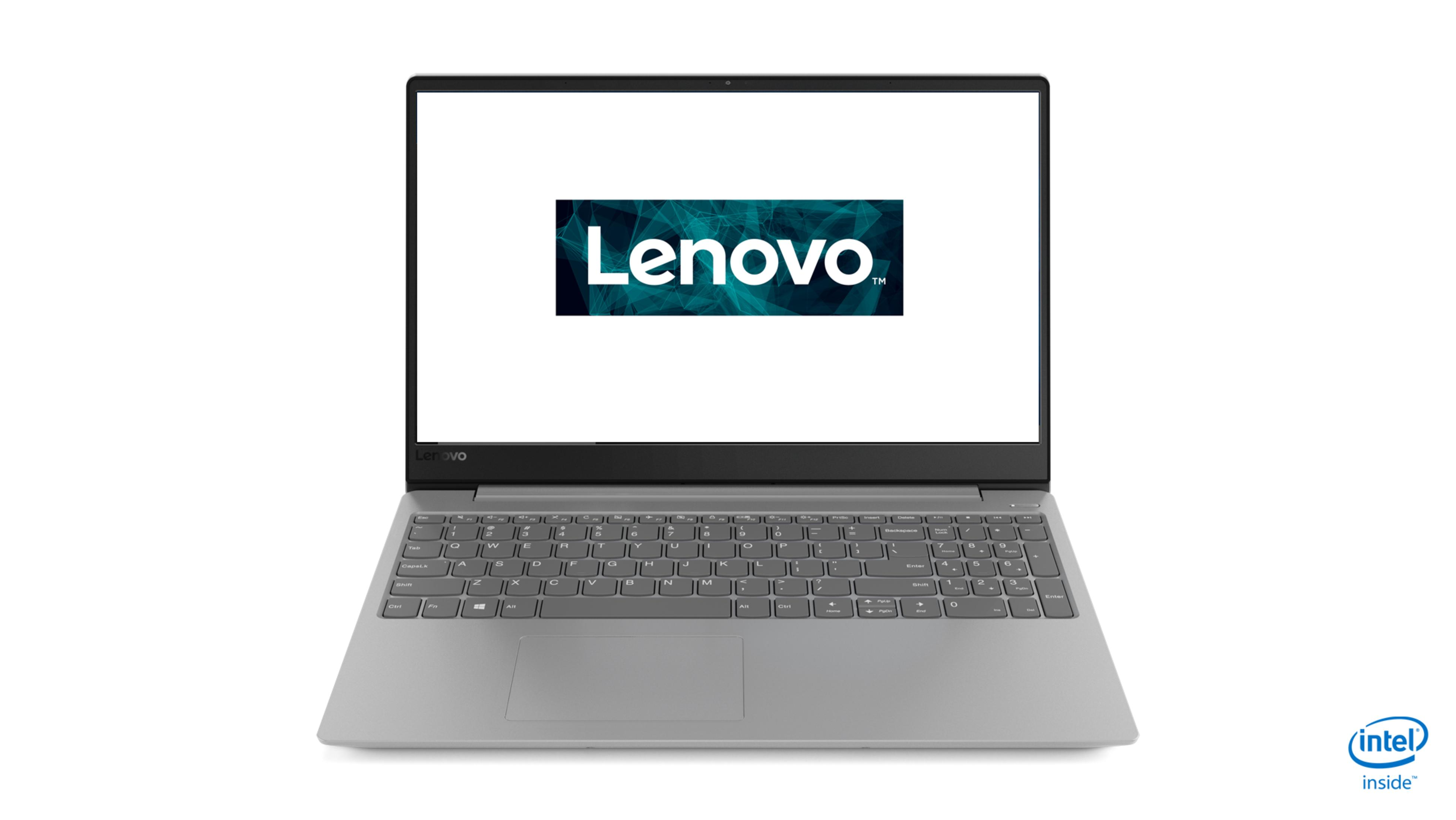 Lenovo-Laptop mit Lenovo-Logo auf dem Bildschirm. Intel Inside-Logo rechts unten.