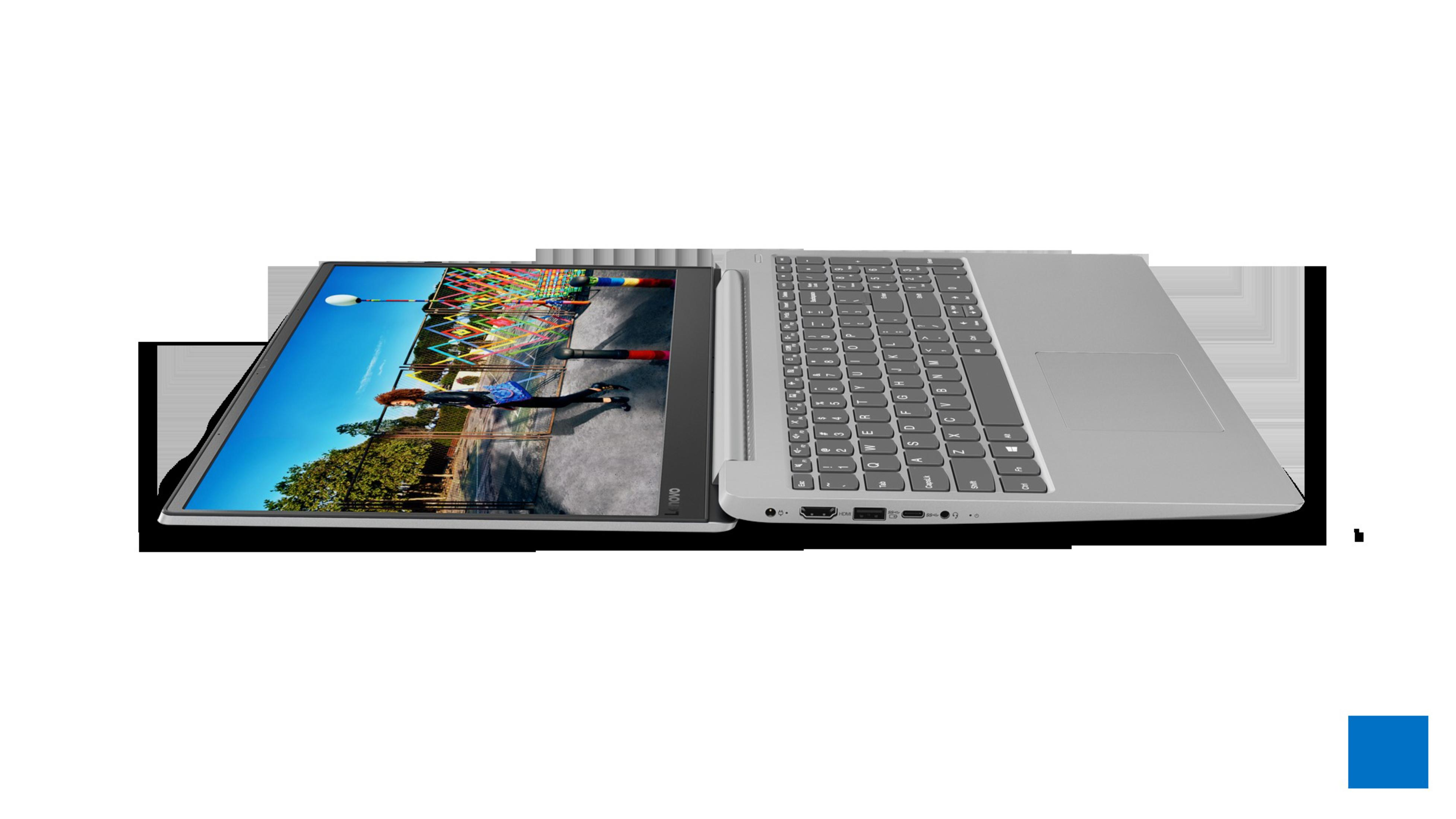 Laptop geöffnet, zeigt einen farbenfrohen Bildschirm. Tastatur auf der rechten Seite.