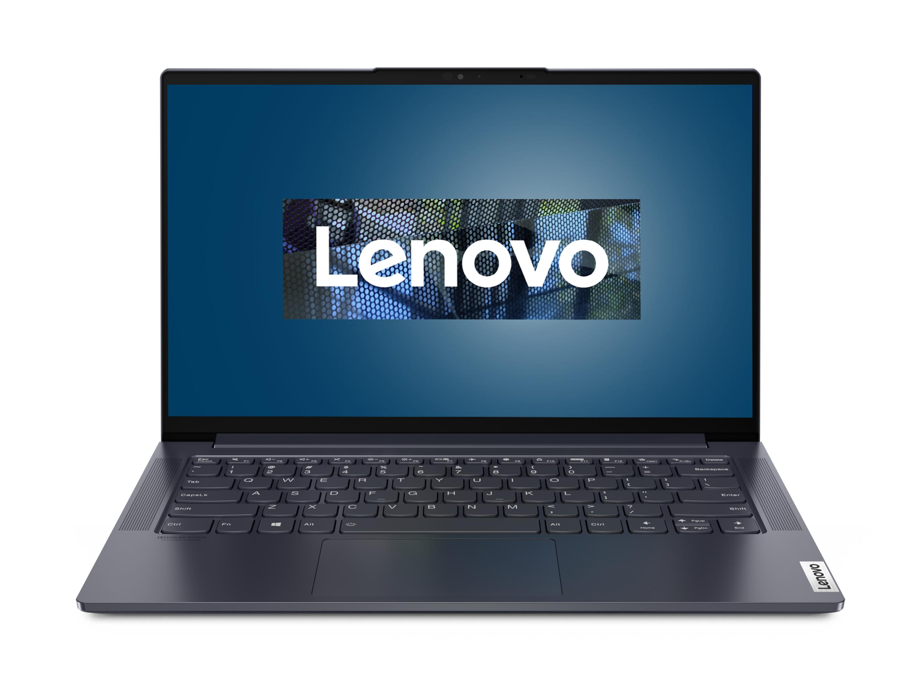 Dunkelblauer Lenovo Laptop, geöffnet, zeigt Lenovo Logo auf blauem Hintergrund. Weißer Hintergrund, zentriert.
