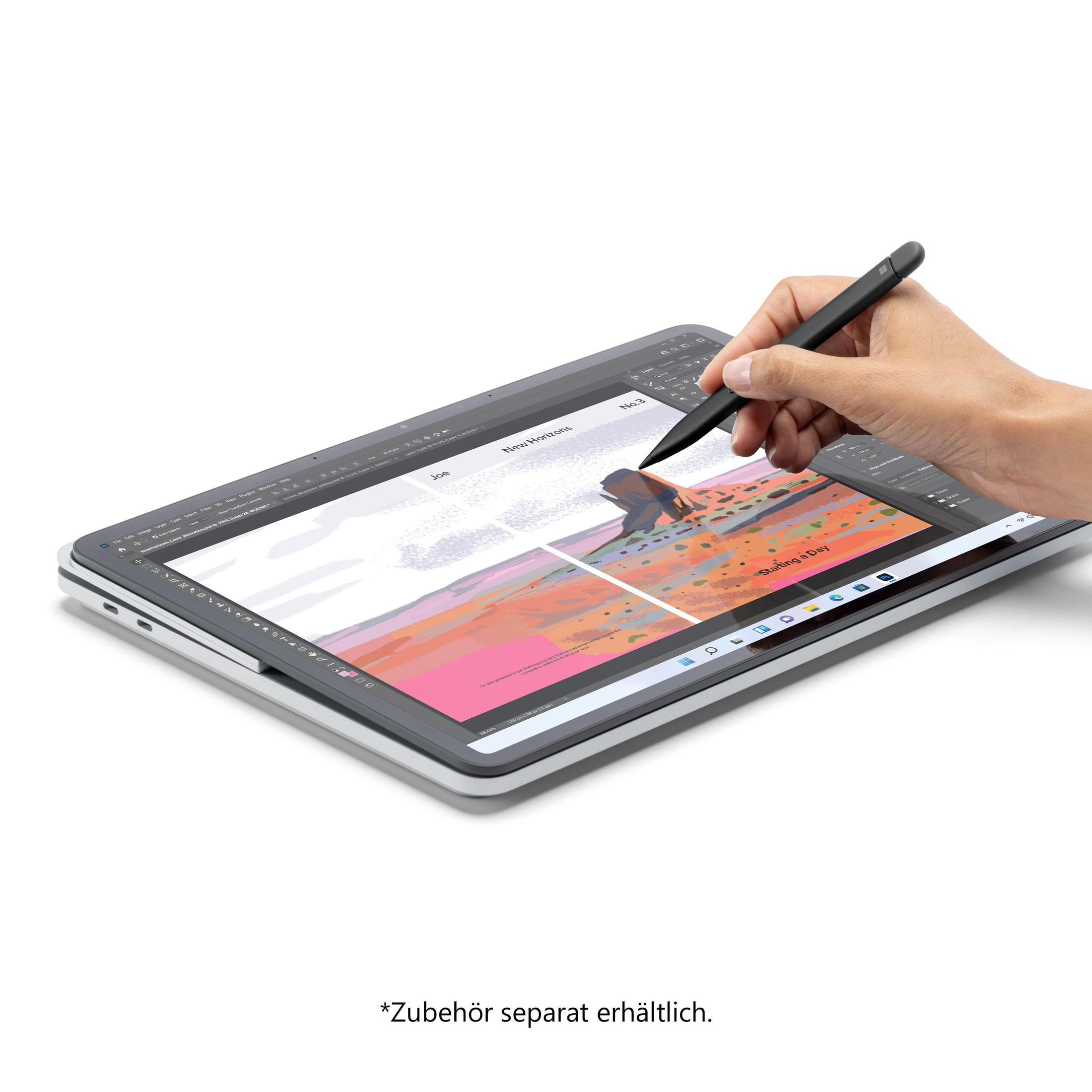 Tablet auf weißer Oberfläche mit Stift, zeigt Designoberfläche.