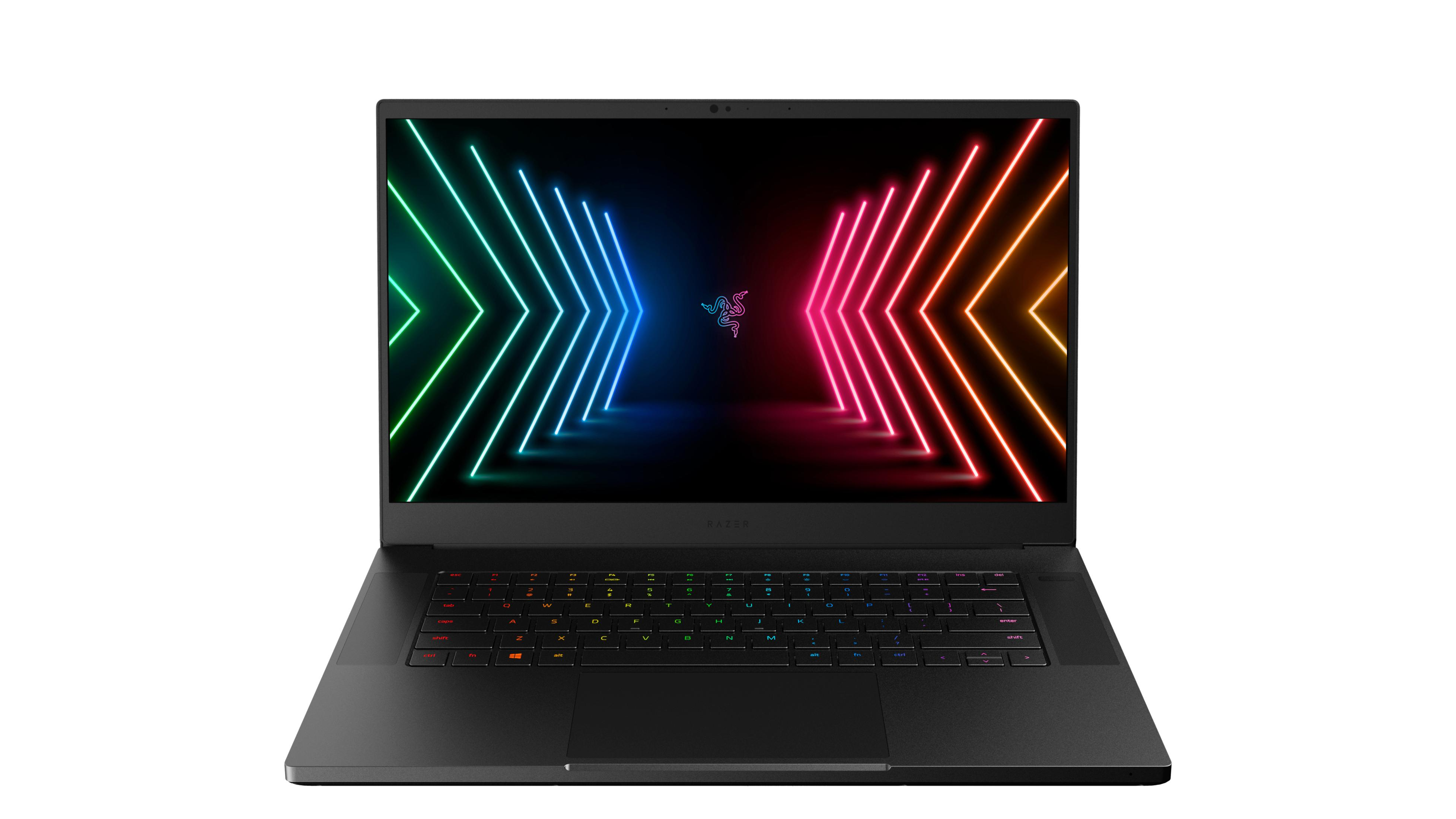 Schwarzer Laptop mit bunten Neonpfeil-Lichtern auf dem Bildschirm. Das Razer-Logo ist zentriert.
