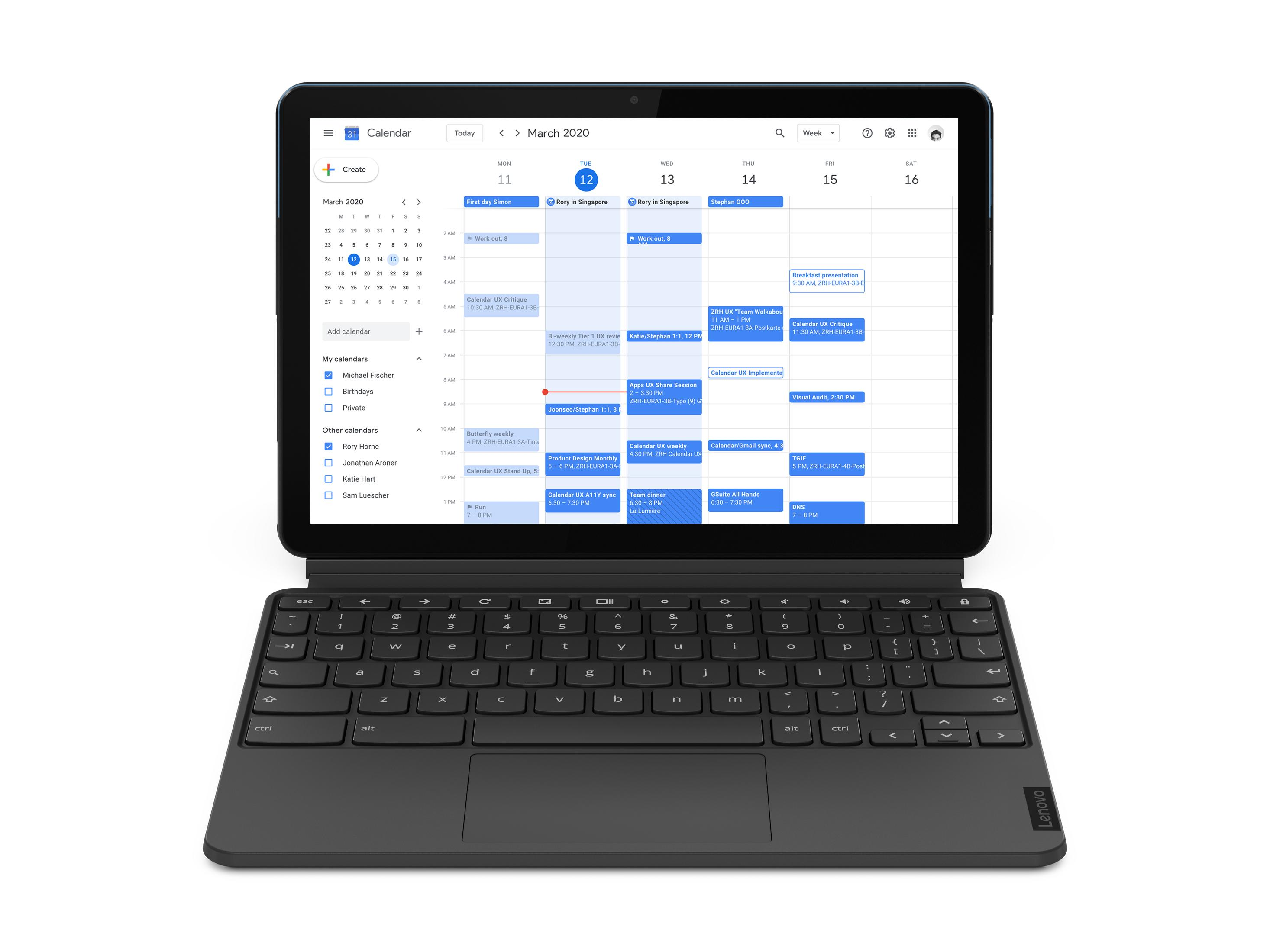 Laptop, der eine Kalenderansicht anzeigt. Die Tastatur ist unten sichtbar.