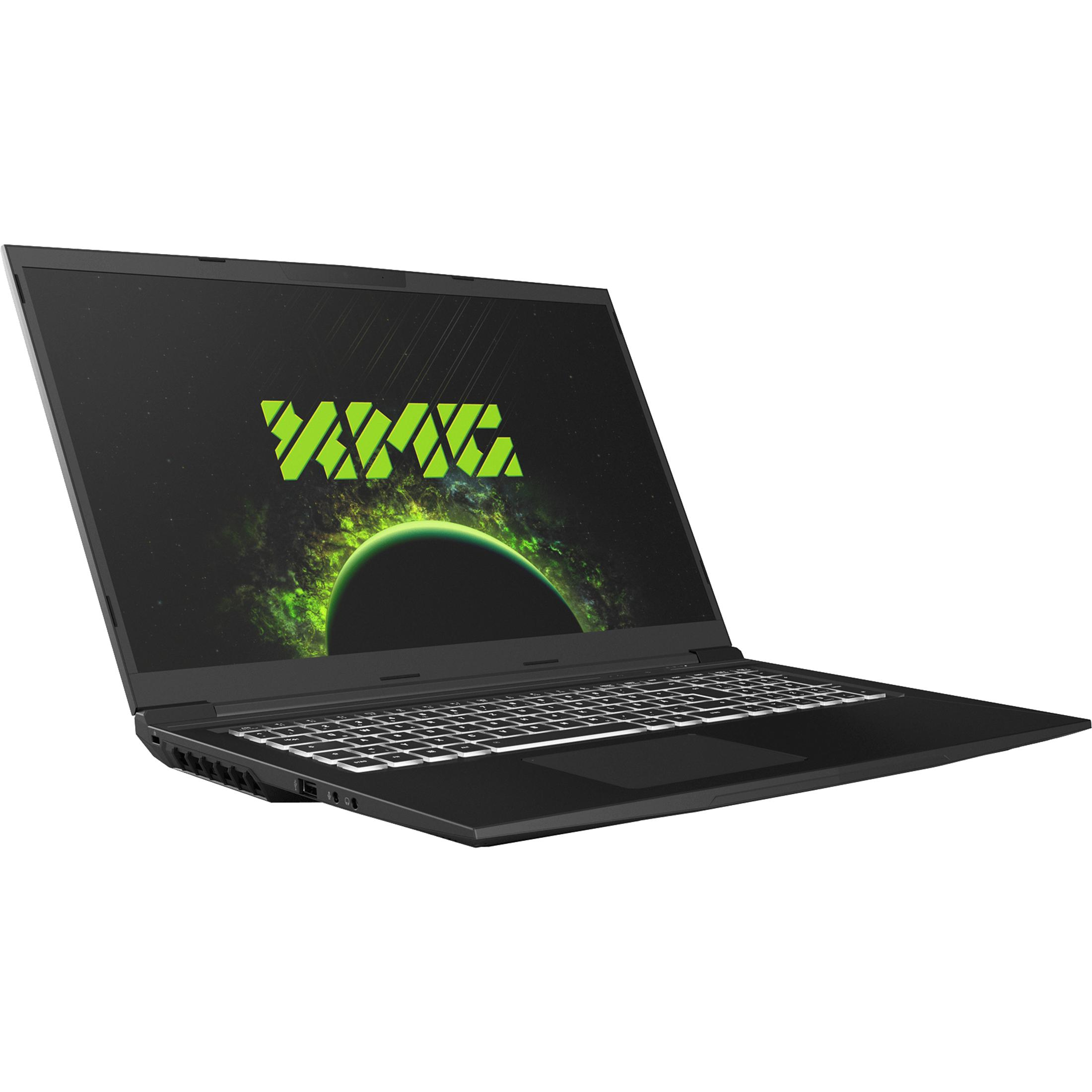 Schwarzer Laptop mit grünem Bildschirm, in einem Winkel geöffnet, auf schwarzer Oberfläche.