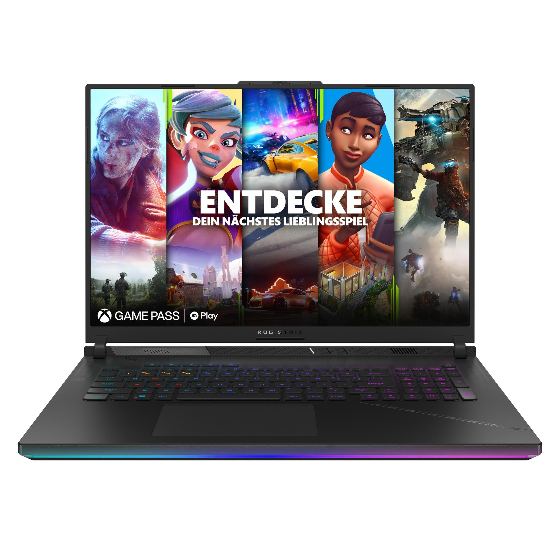Schwarzer Asus ROG-Laptop, geöffnet, zeigt einen Spiele-Promo-Bildschirm mit mehreren Spielbildern.