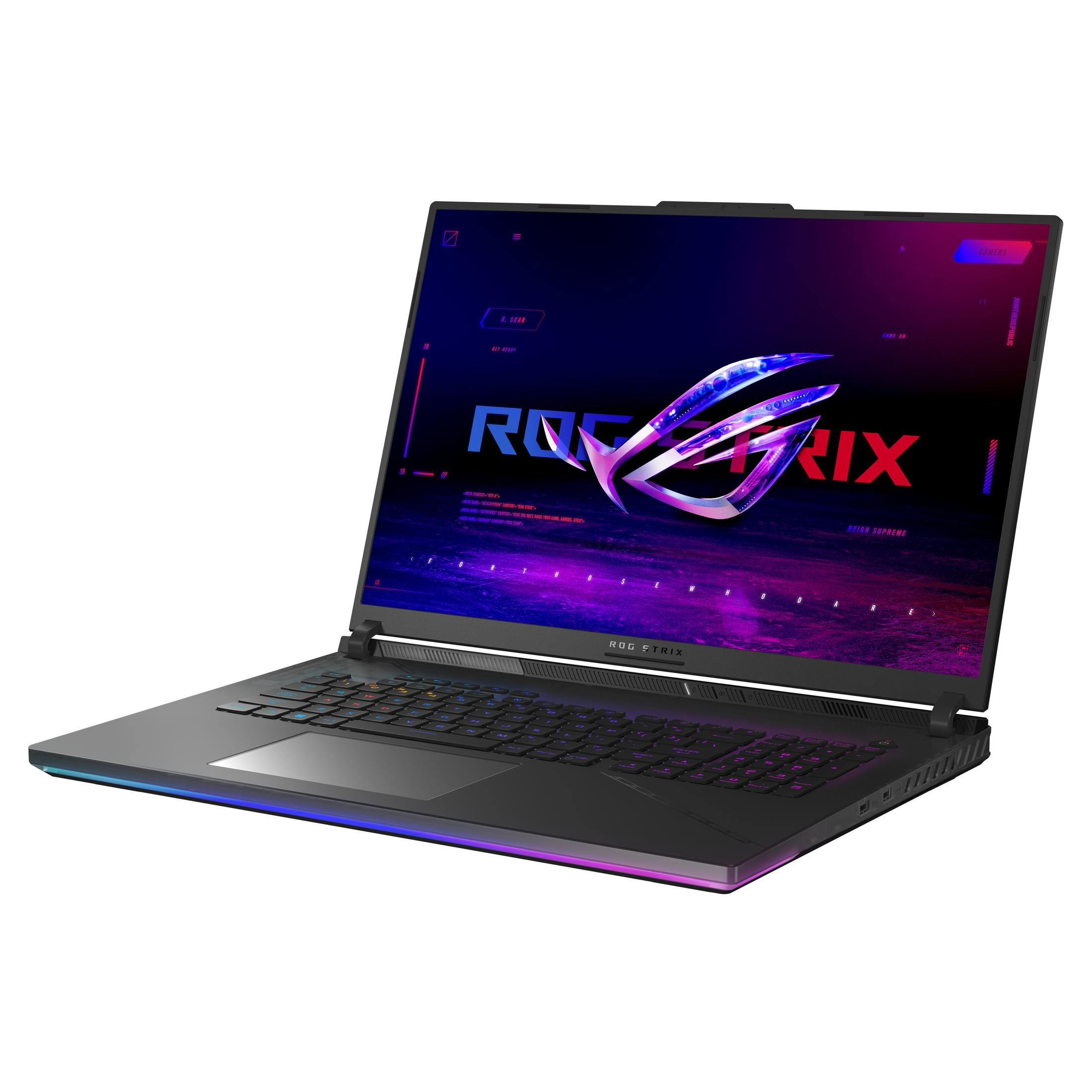 Ein schwarzer Laptop, ROG Strix, ist geöffnet und beleuchtet. Der Bildschirm zeigt ein Logo und farbenfrohe Grafiken.