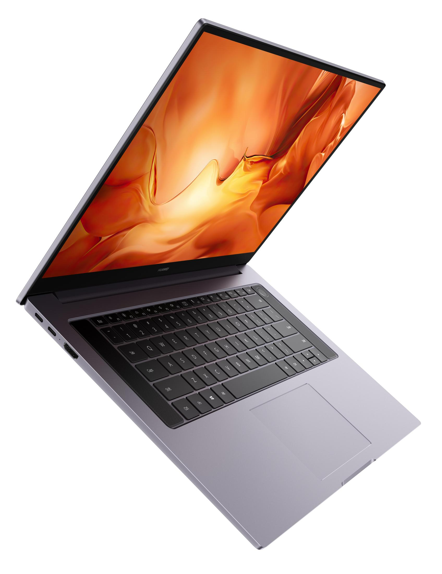 Ein lila Laptop mit schwarzer Tastatur und großem orangefarbenem Bildschirm.