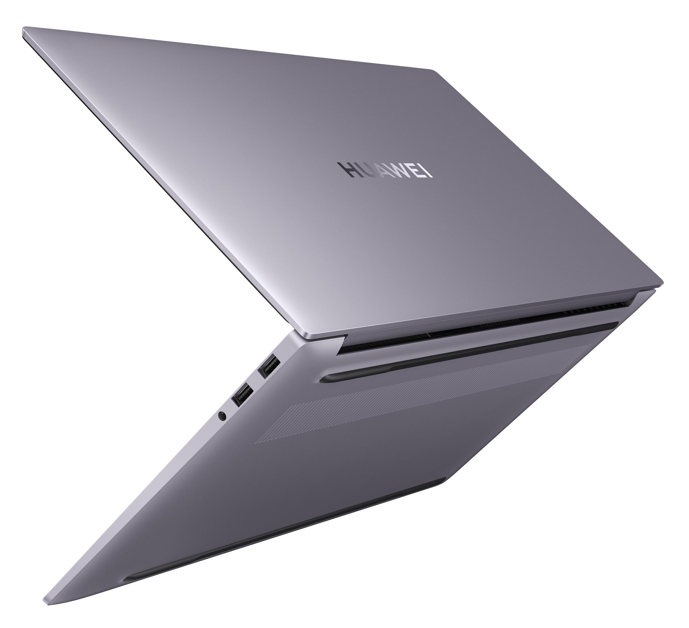 Ein silberner Laptop mit leicht geöffnetem Deckel, Tastatur und Anschlüsse zeigend.