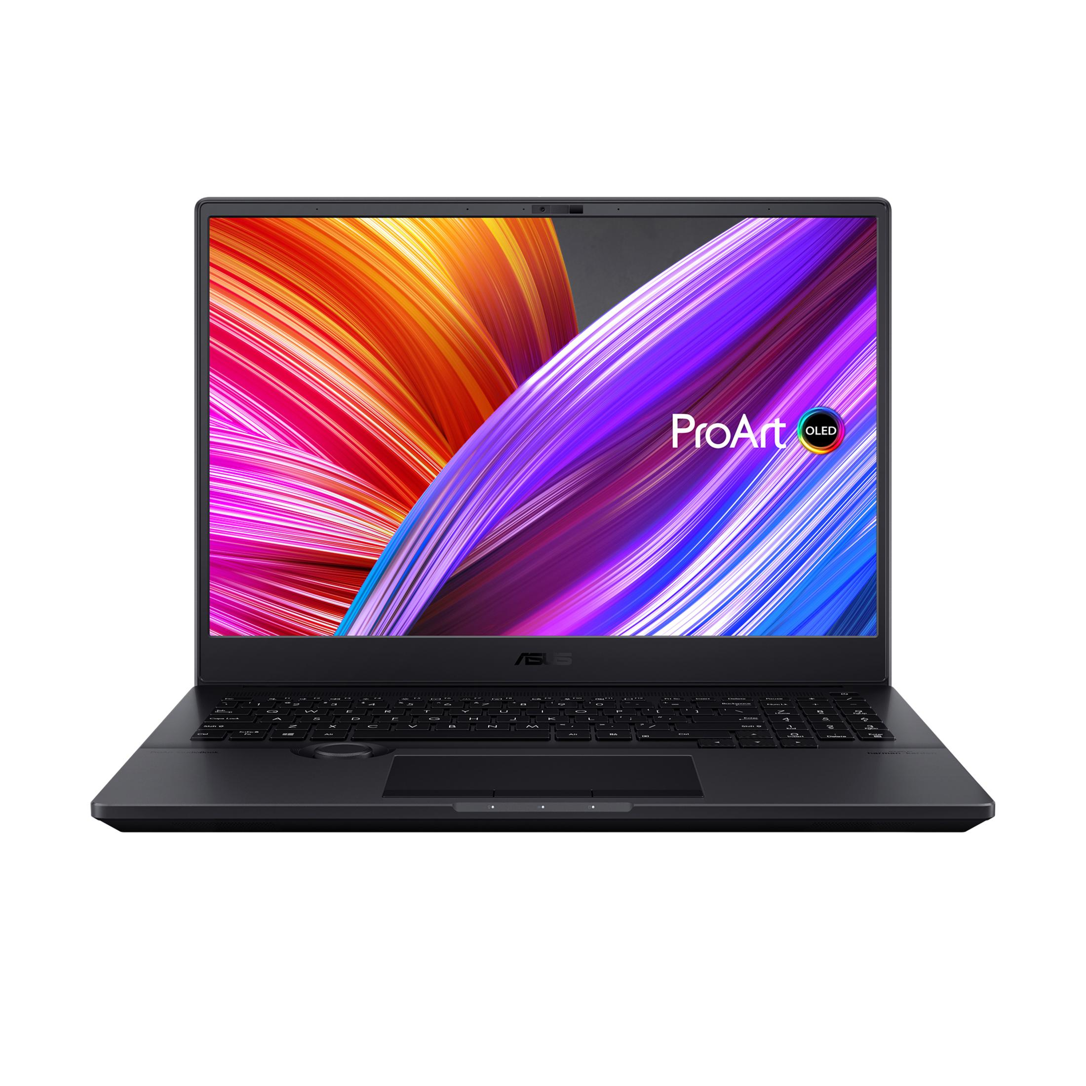 Schwarzer Asus Laptop mit farbenfrohem Bildschirm und ProArt OLED Logo.