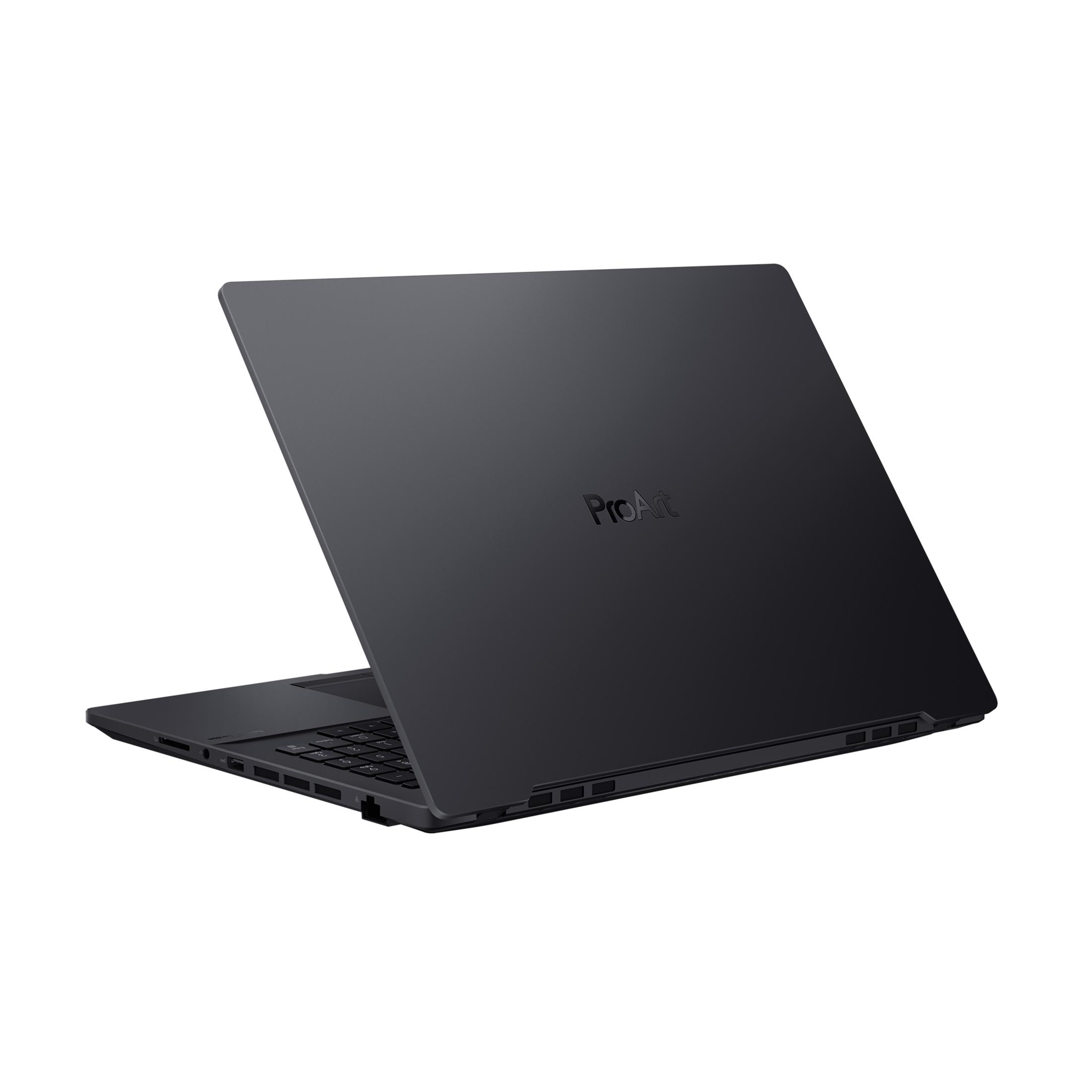 Schwarzer Laptop, der die Rückseite mit dem Markennamen ProArt zeigt.