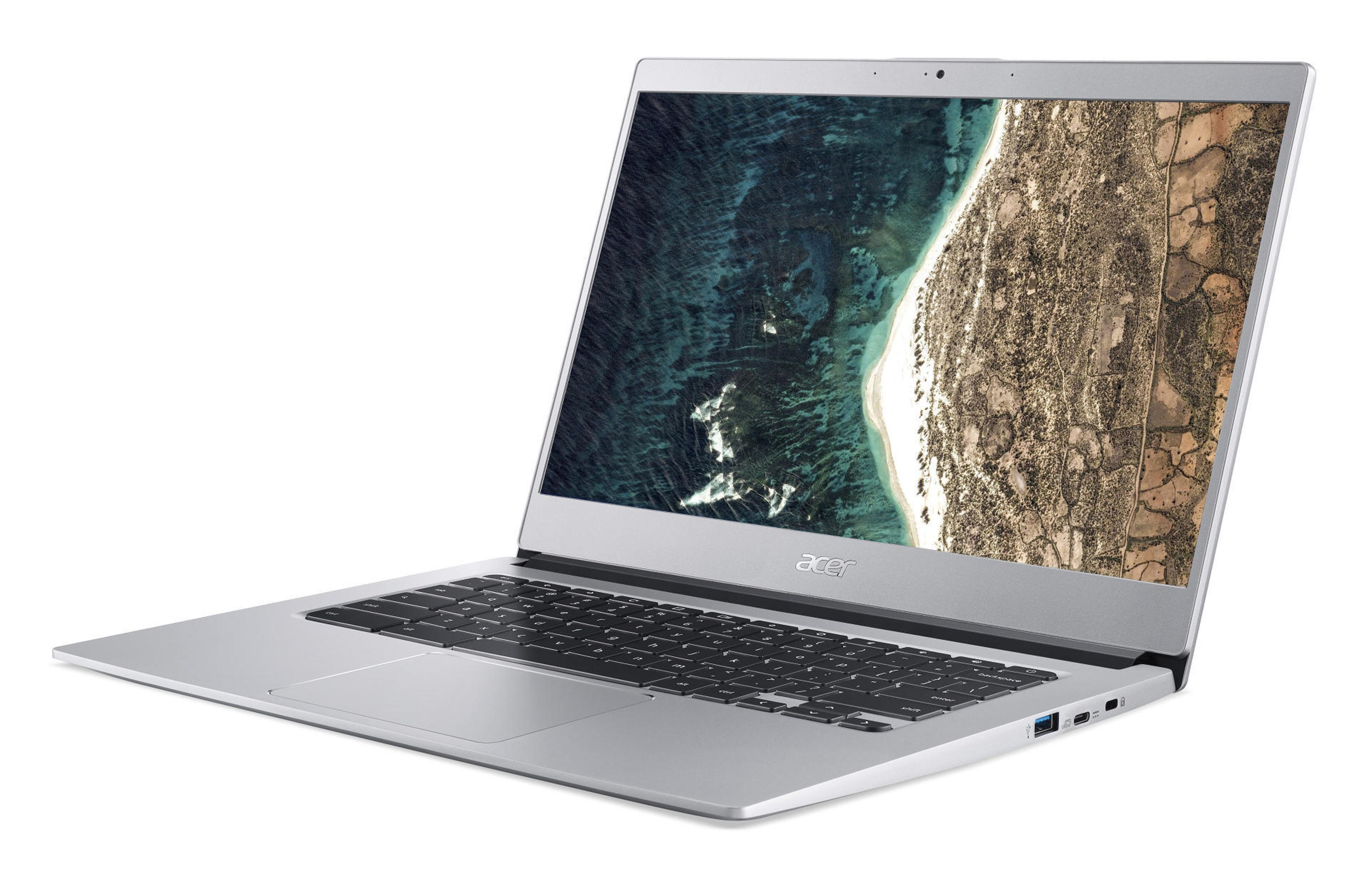 Silberner Acer-Laptop geöffnet, Tastatur und Bildschirm zeigend, vor weißem Hintergrund.