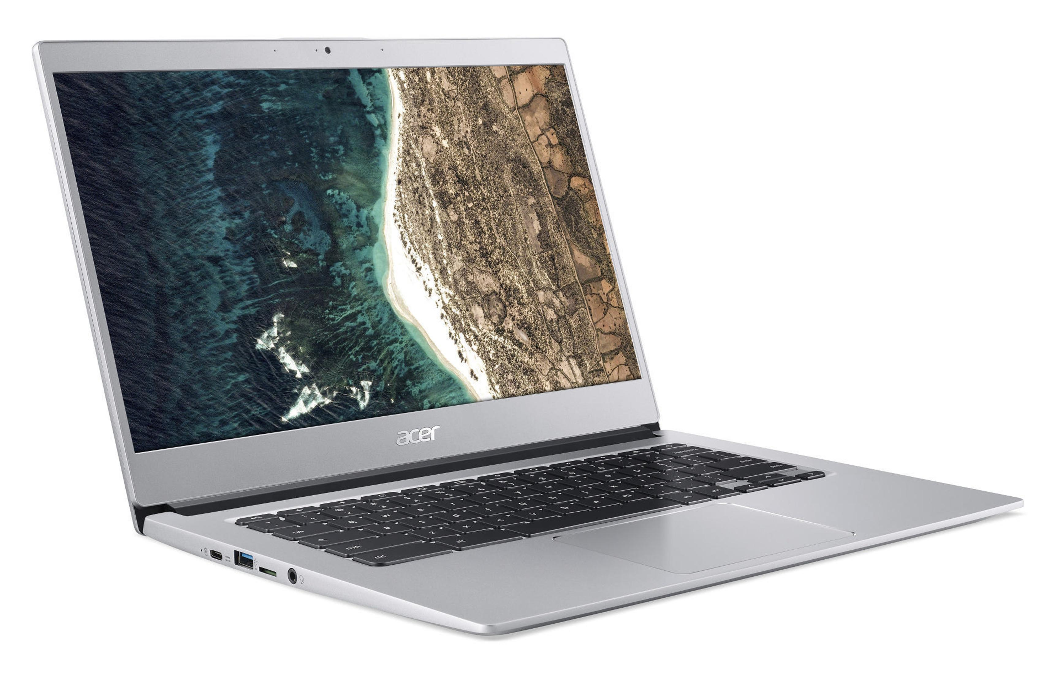 Silberner Laptop, geöffnet, angewinkelte Ansicht, Acer-Logo. Bildschirm zeigt eine Landschaftsszene. Weißer Hintergrund.
