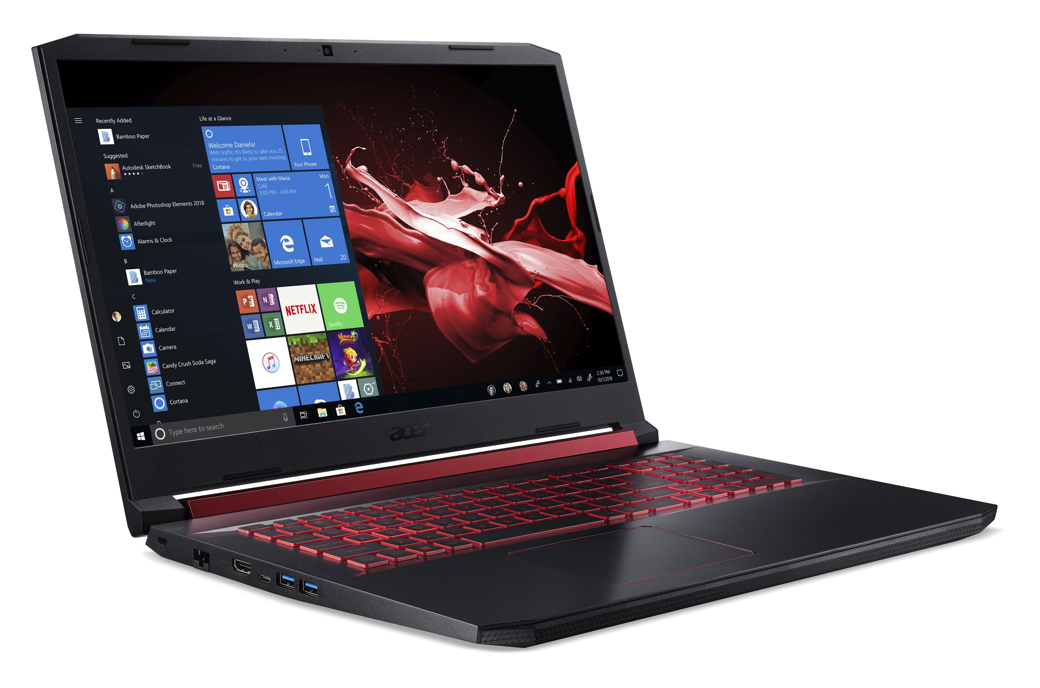 Schwarzer und roter Laptop geöffnet. Anzeige der Windows-Oberfläche. Acer-Logo.