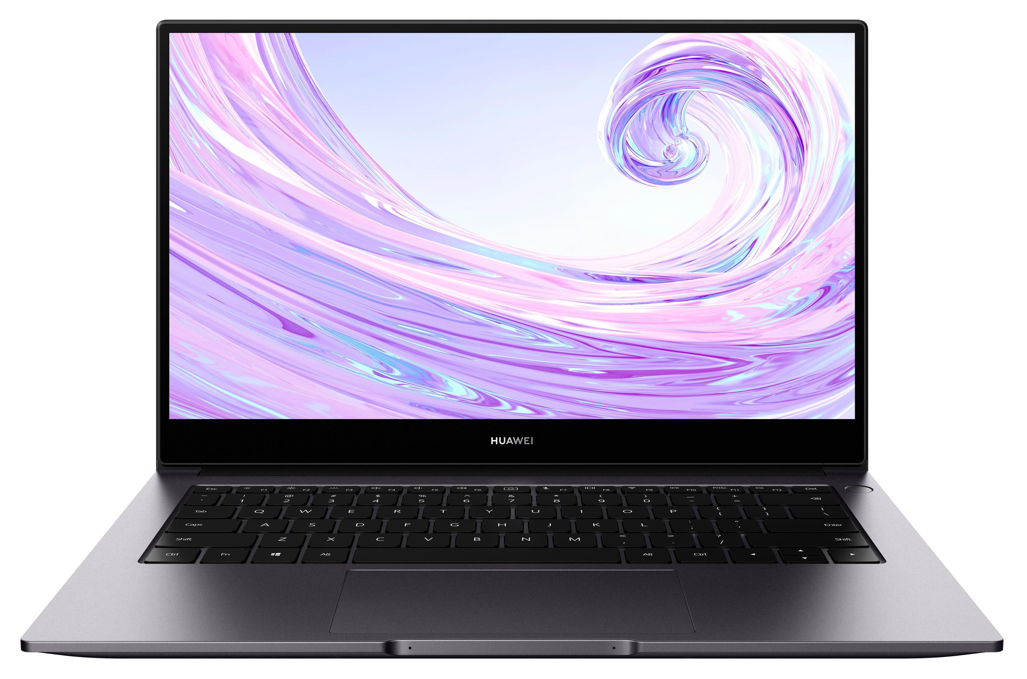 Laptop mit Bildschirm, der ein wirbelndes lila-weißes Muster zeigt. Dunkelgrauer Körper, schwarze Tastatur.