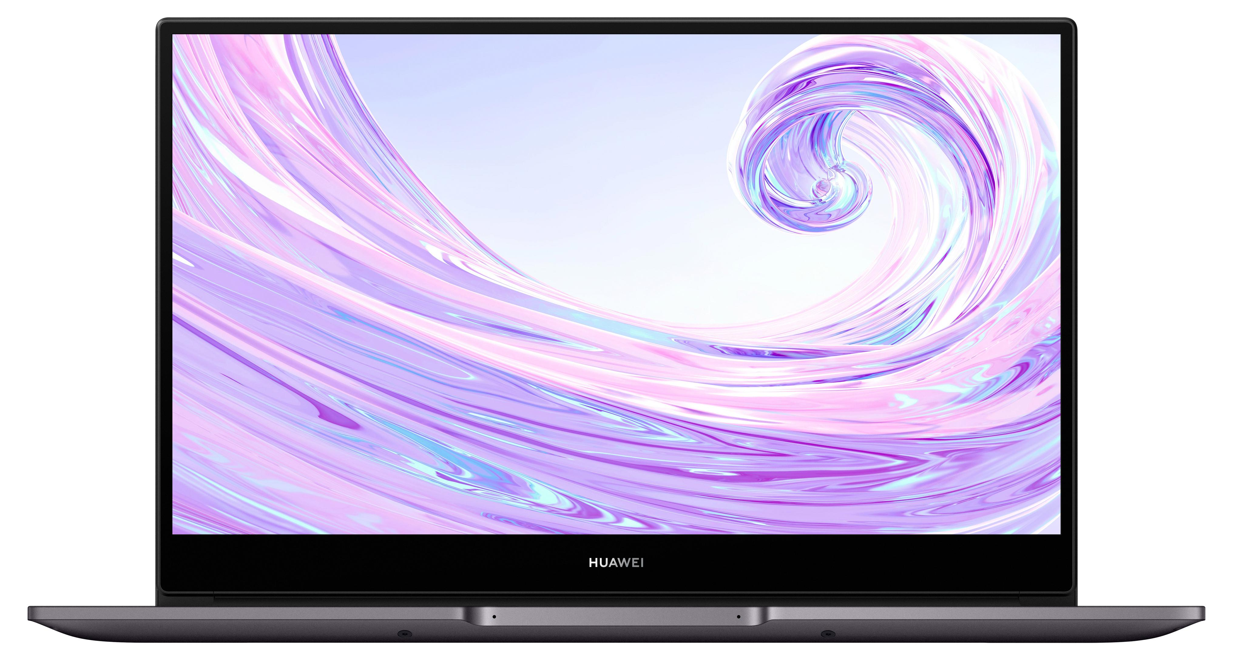 Grauer Laptop mit einem farbenfrohen abstrakten Muster auf dem Bildschirm. Der Hintergrund ist weiß.