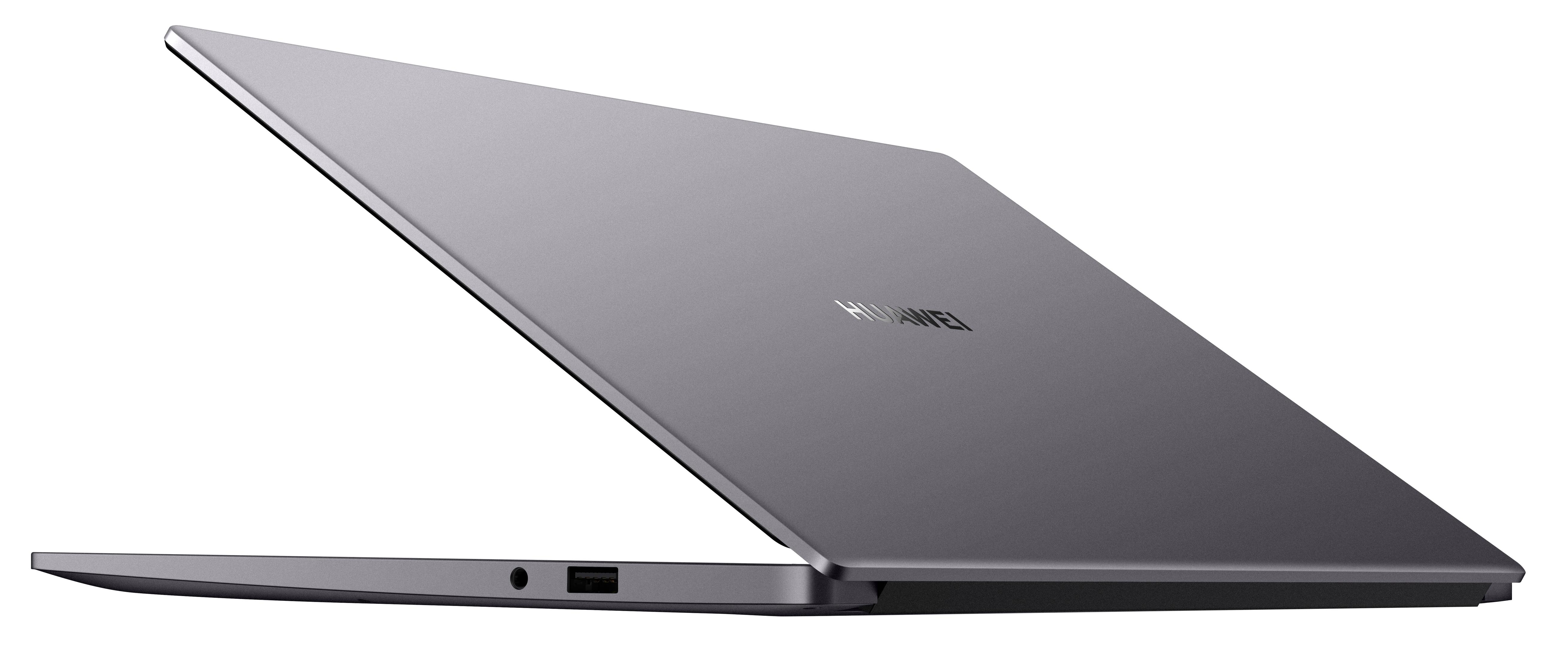 Grauer Laptop, teilweise geöffnet, schräge Ansicht auf Weiß.